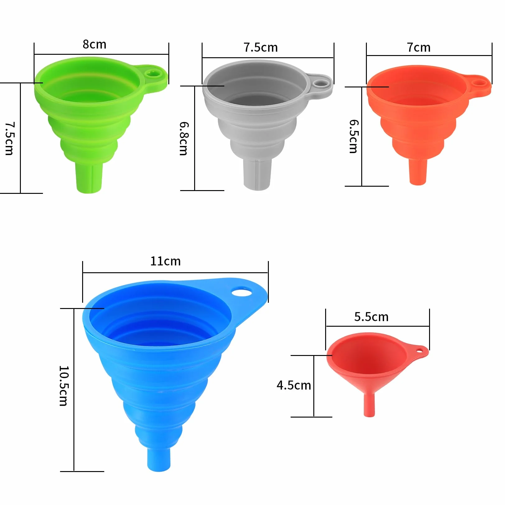 Embudo Plegable de Silicona 5 Piezas para Cocina, Transferencia de Líquidos - Pequeño/Mediano/Grande, 5 Colores