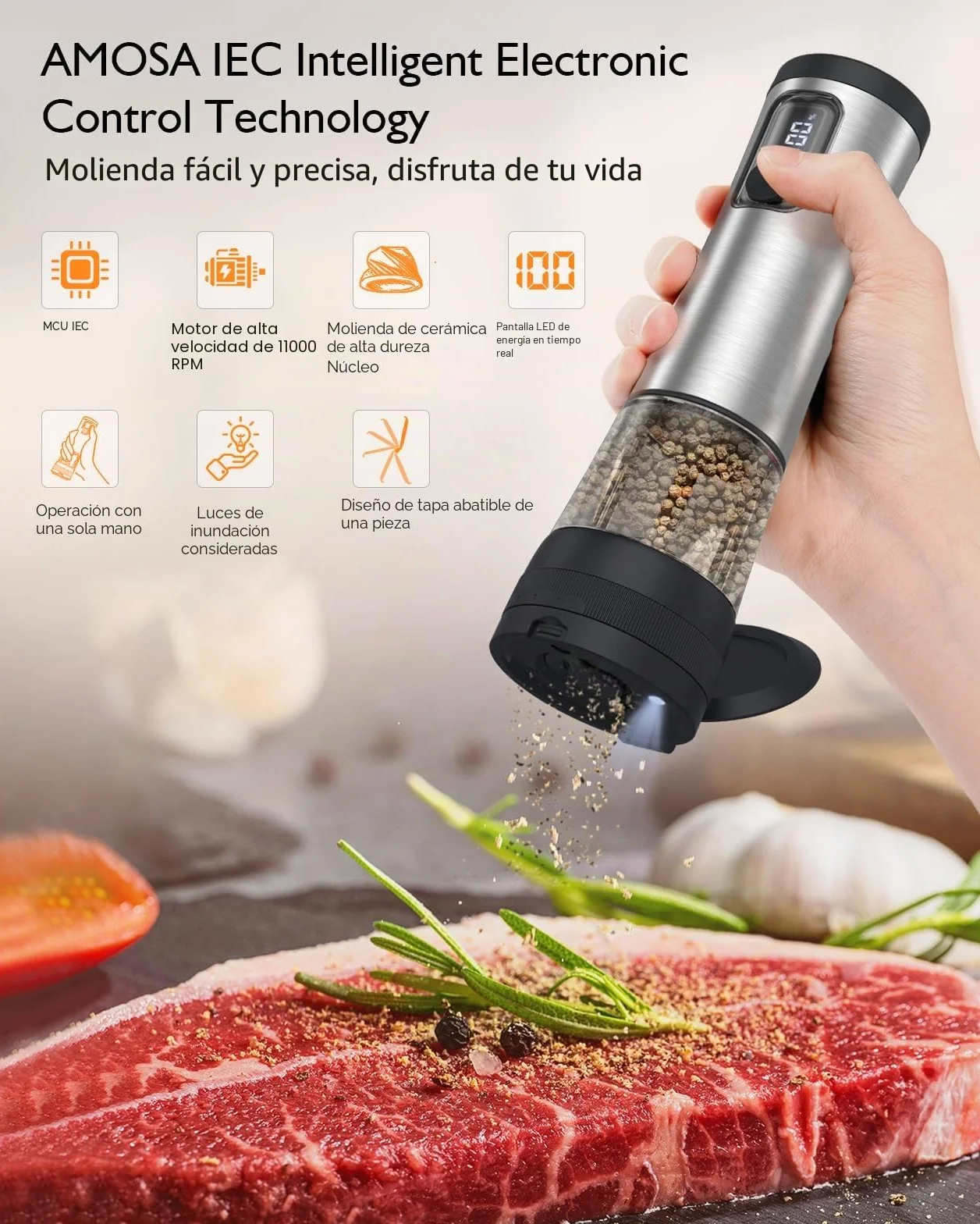 AMOSA Juego de Molinillo Pimienta Electrico de Sal, con 5 Tamaños de Grano & 2 Velocidades Ajustables, Base Recargable con Pantalla de Batería, Saleros de Cocina Automática acero Inoxidable con LED