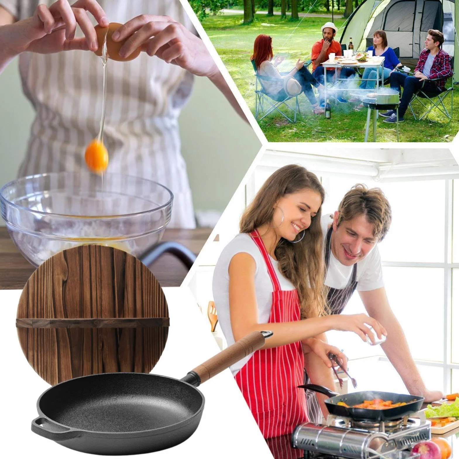 Sartén De Hierro Fundido Cacerola Ergonómica Con Mango De Madera Extraíble | Plancha Grill Cocina Para Cocinar, Hogar, Camping, Dorar, Hornear, Saltear, Tortilla, Pescado, Huevos