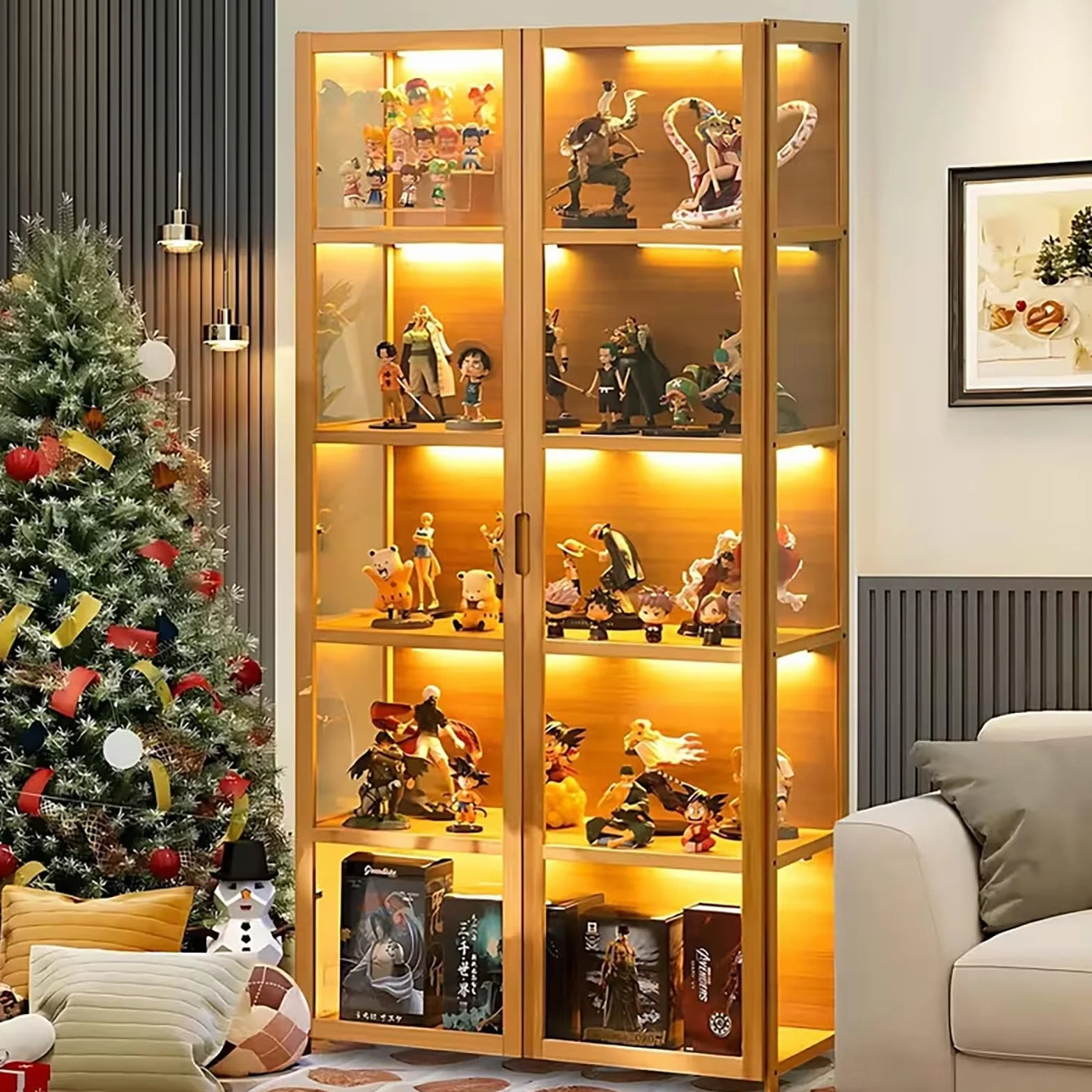 Vitrina Puerta de acrílico, Vitrina con 5 estantes, Organizador de Juguetes colección, estantería Dormitorio, rincón de Lectura, niños, bambú (Doble Puerta marrón)