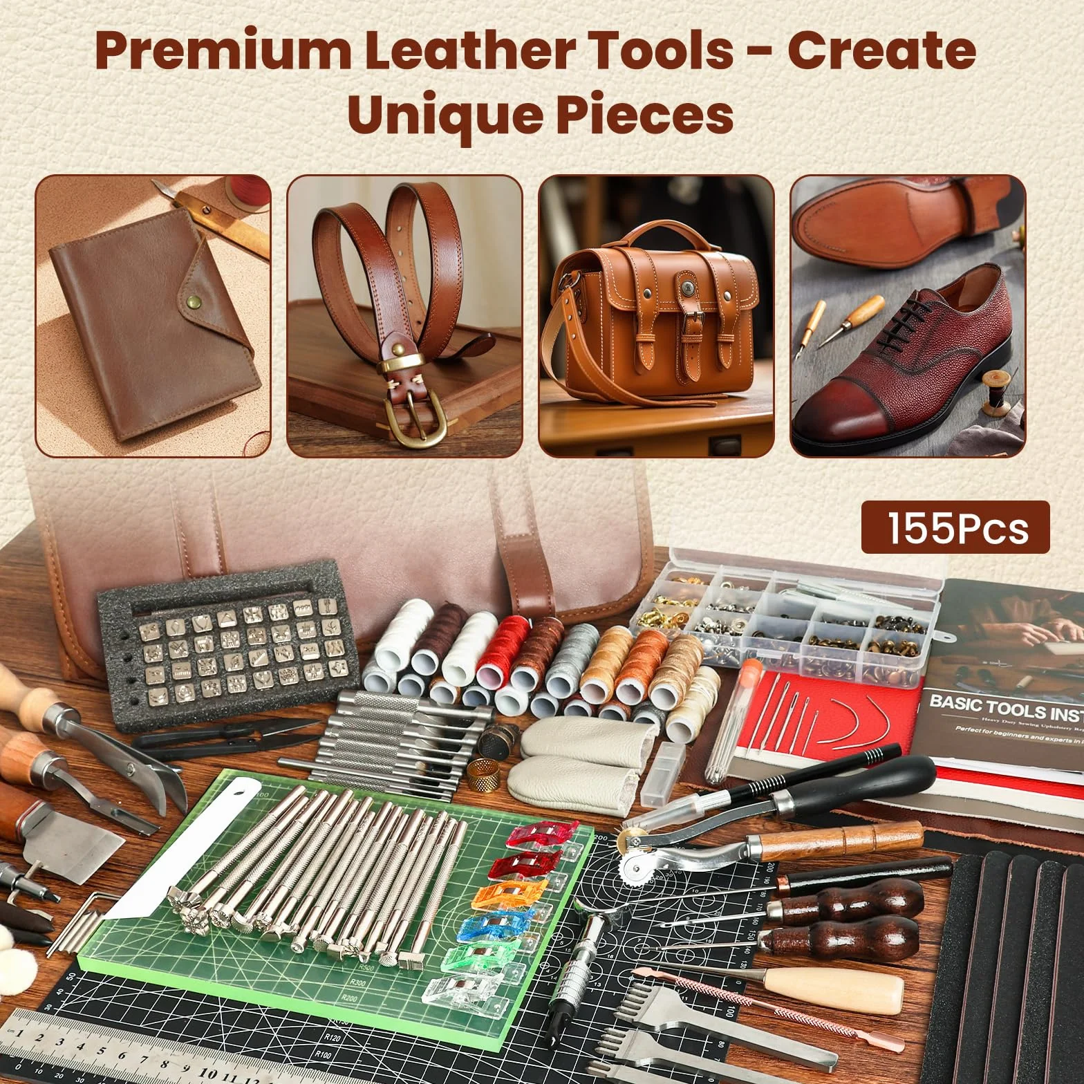 ZAMQIU Kit de trabajo de cuero, kit de herramientas de cuero de 155 piezas con tallado, estampado de costura, perforación, corte, juego de herramientas de trabajo de cuero para principiantes, juego de