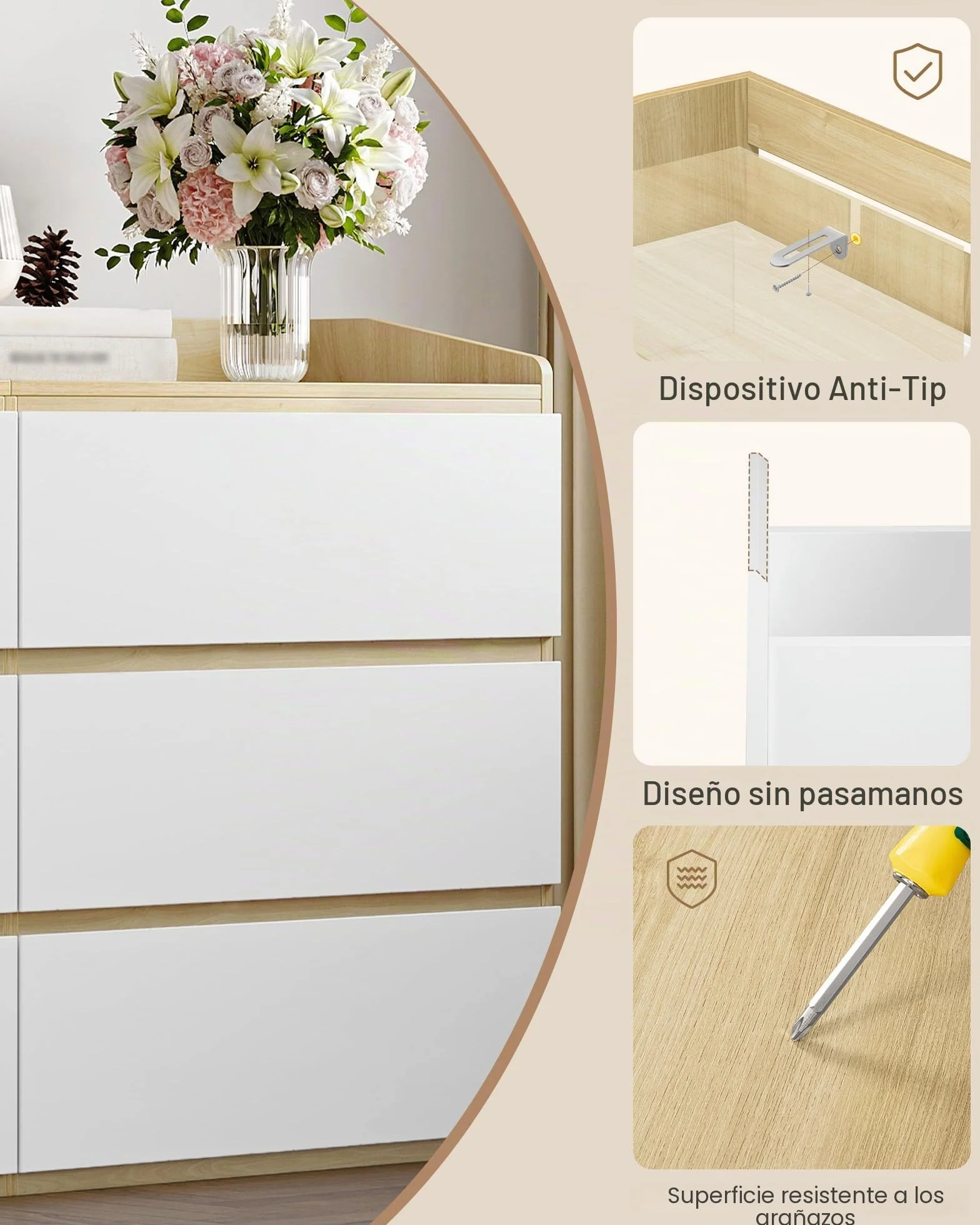 Hzuaneri Cómoda, Cajonera Dormitorio de 6 Cajones, Armario Auxiliar con Superficie de Trabajo, Estilo Moderno, para Salón, Dormitorio, Pasillo, 40 x 138 x 84 cm, Blanco-Roble DC32631X