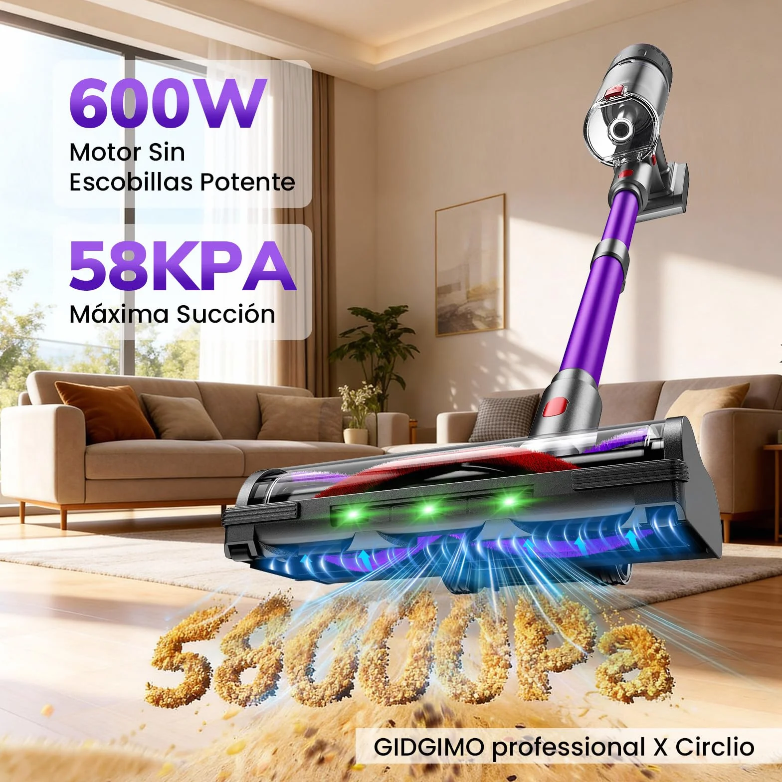 GIDGIMO professional X Circlio Aspiradora Sin Cable 58000Pa/600W/75Min, Escoba Aspiradora sin Cable de 1.6L, Pantalla LED Inteligente, Aspirador Antienredo para Suelos, Alfombras y Pelo de Mascotas