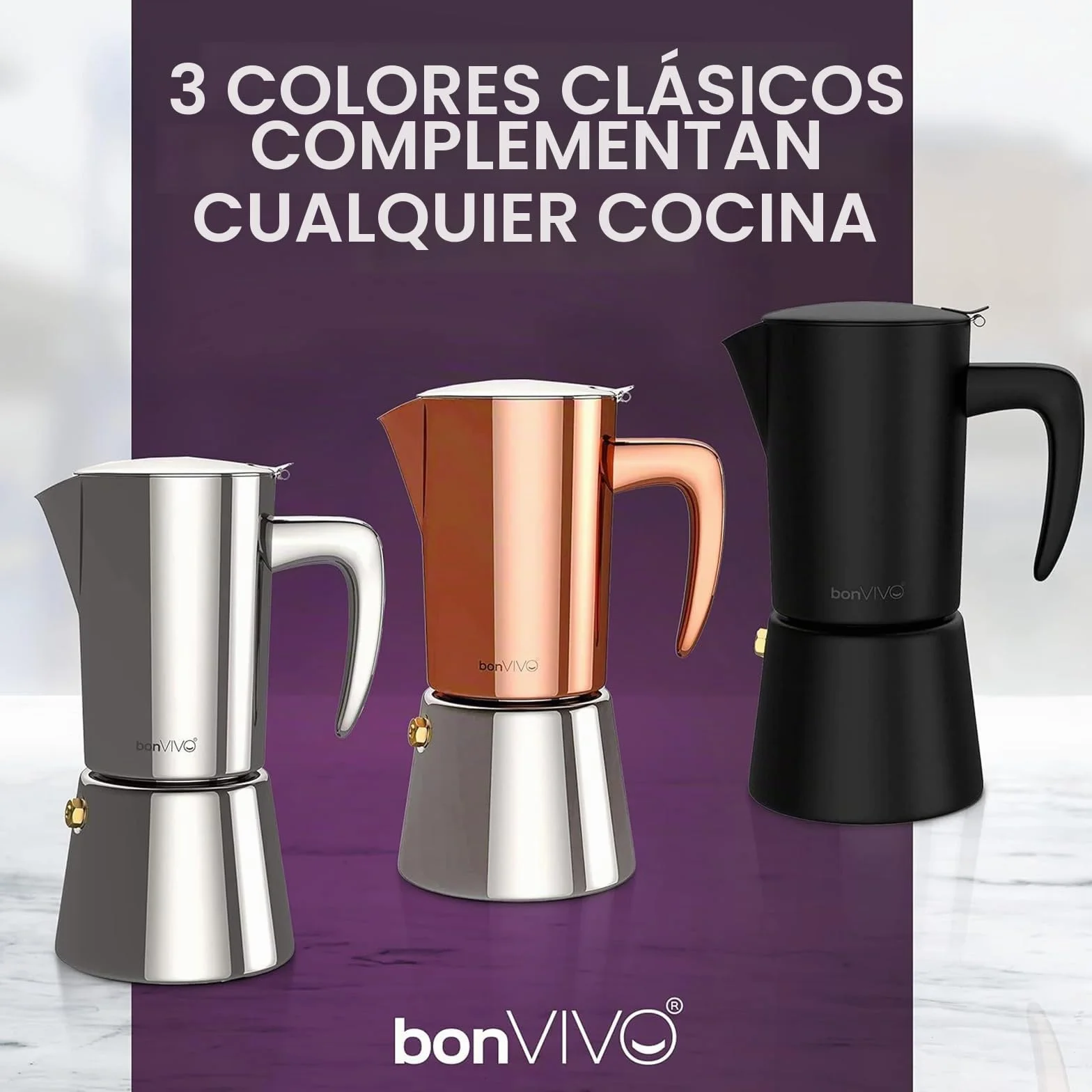 bonVIVO Cafetera Italiana – Cafetera Moka de Acero Inoxidable para Café Espresso – 6 Tazas – Compatible con Inducción, Vitrocerámica, Gas y Eléctrica – Color Cobre Elegante