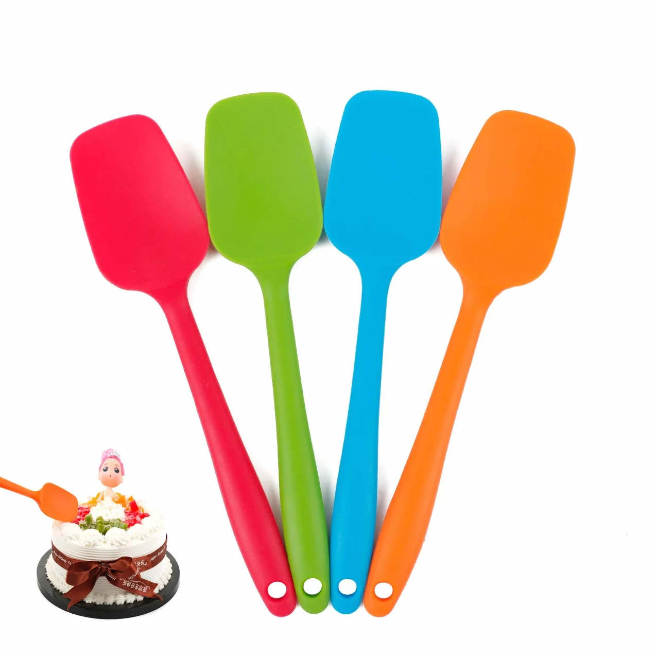 Juego de espátulas de silicona de grado alimenticio, resistentes al calor, espátulas de goma pequeñas, 4 espátulas de silicona antiadherentes, para hornear, curvadas, multicolor (21,7 cm)