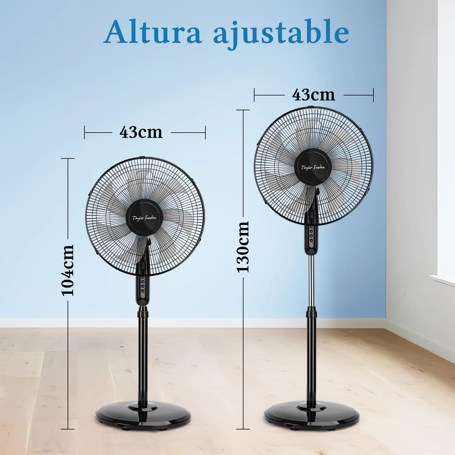 Taylor Swoden 7 Aspas Ventilador de pie Potente, 3 Velocidades, 50W Ventiladores, Altura Regulable, Oscilante, Rejilla de Seguridad, Base Estable, Negro, 43x40x120cm, *2