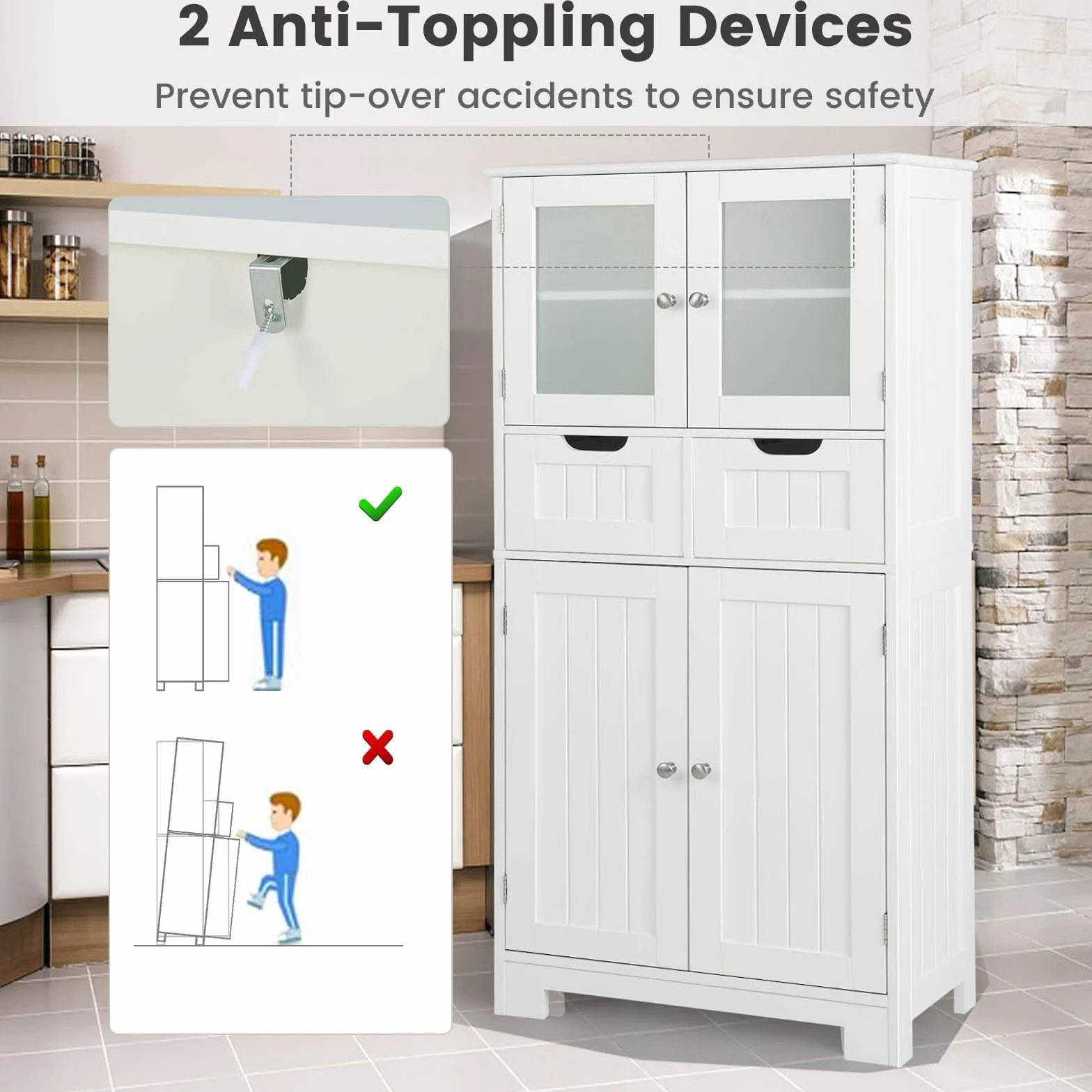 LIFEZEAL Armario Suelo de Baño, Mueble de Baño con Estantes Ajustable, Mueble de Almacenaje con Cajones y Doble Puerta, Mueble Lateral Multifuncional para Cocina (Blanco)