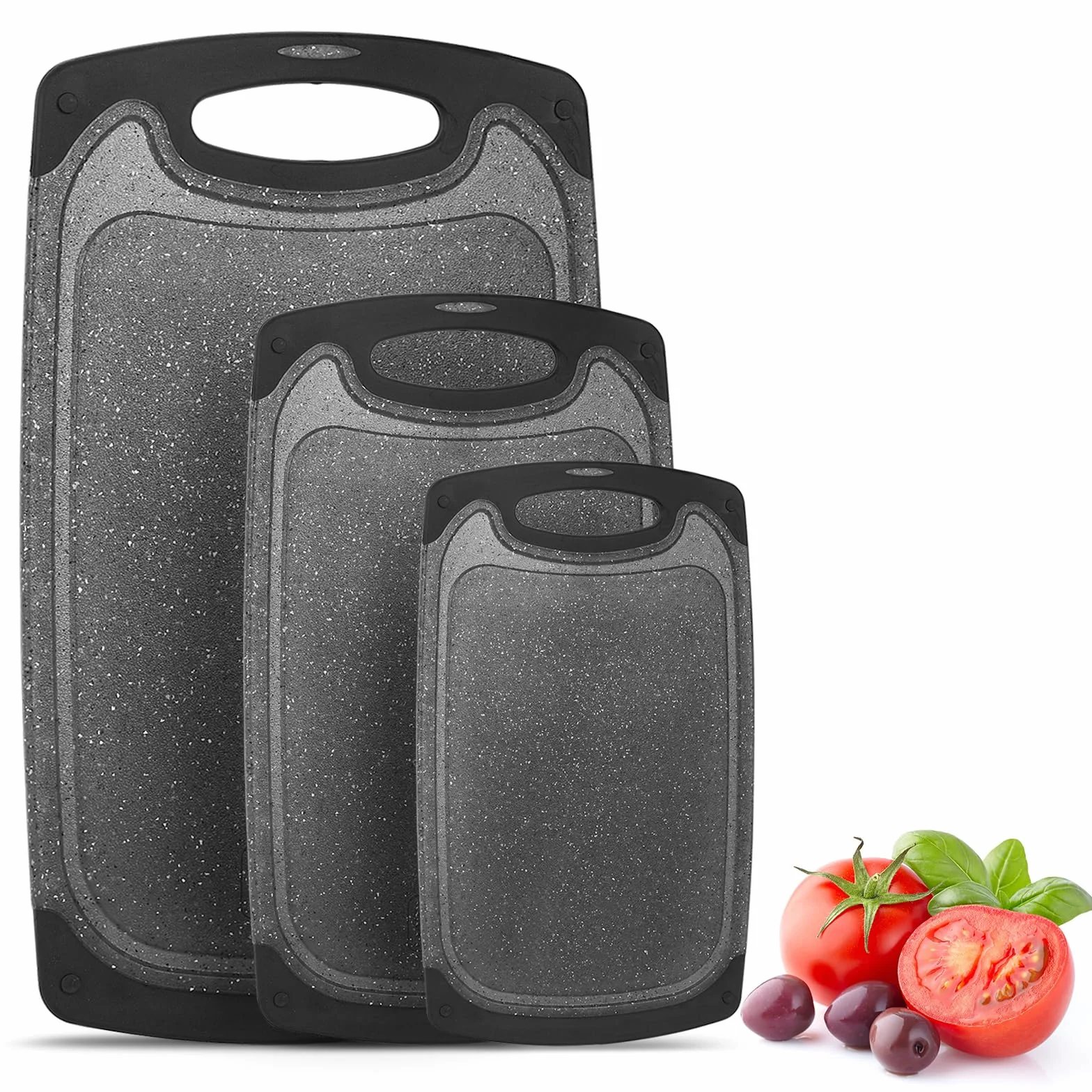 Set 3 Tablas de Cortar de Plástico 40x24/31x20/25x15 cm, Sin BPA, Ranura para Jugo, Antibacteriana para Verduras, Frutas, Carnes