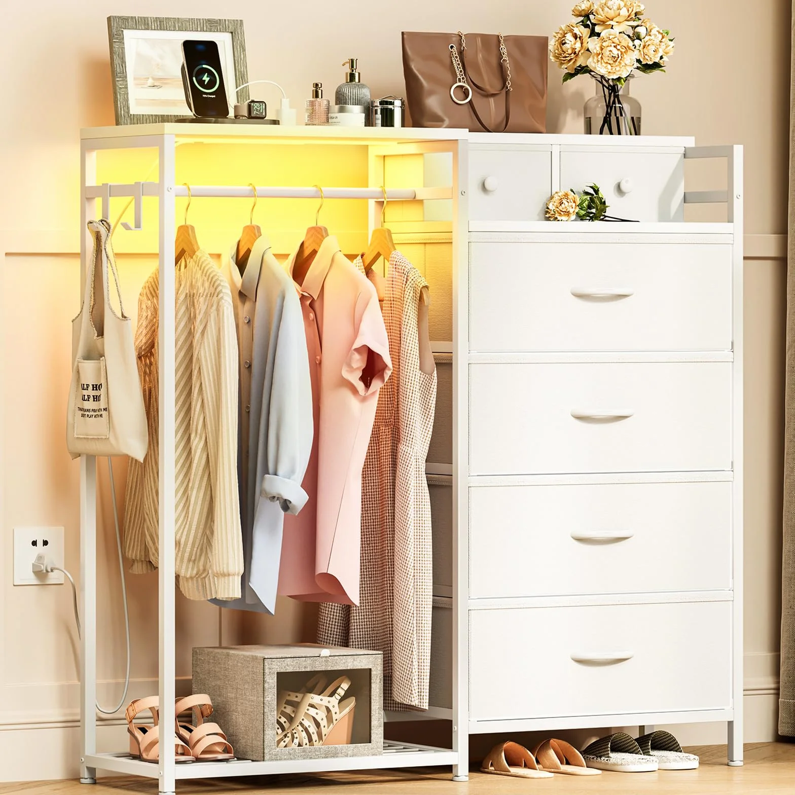 Coleshome Comoda Dormitorio con Barra para Colgar Ropa, Cajonera con LED y Toma de Corriente, Diseño Reversible con 6 Cajones, Cómoda de Tela para Dormitorio y Salón, 110 x 30 x 106 cm, Blanco