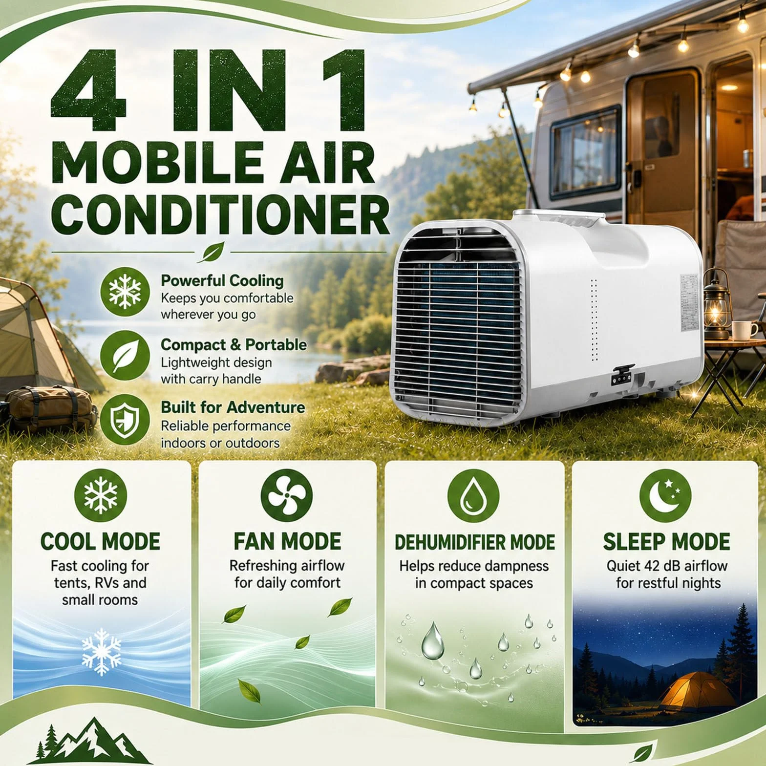 Aire Acondicionado Portátil, Aire Acondicionado Móvil para Tiendas De Campaña Y Habitaciones Compactas, 4 Modos En 1, Unidad De Aire Acondicionado para Camping, Autocaravana O Camión 1300W
