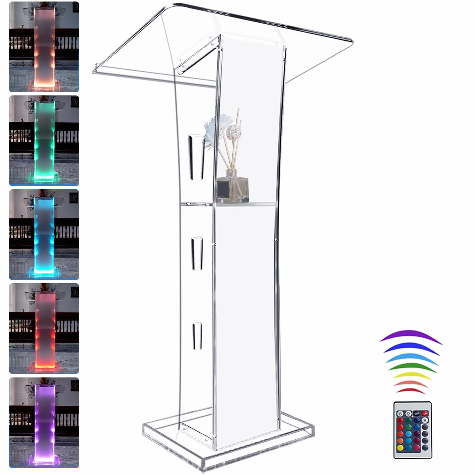 Podio acrílico, Atril de acrílico Transparente con Estante de Almacenamiento, púlpito de la Iglesia con luz LED de 15 Colores, Soporte de podio de Estabilidad para Iglesia, conferencias