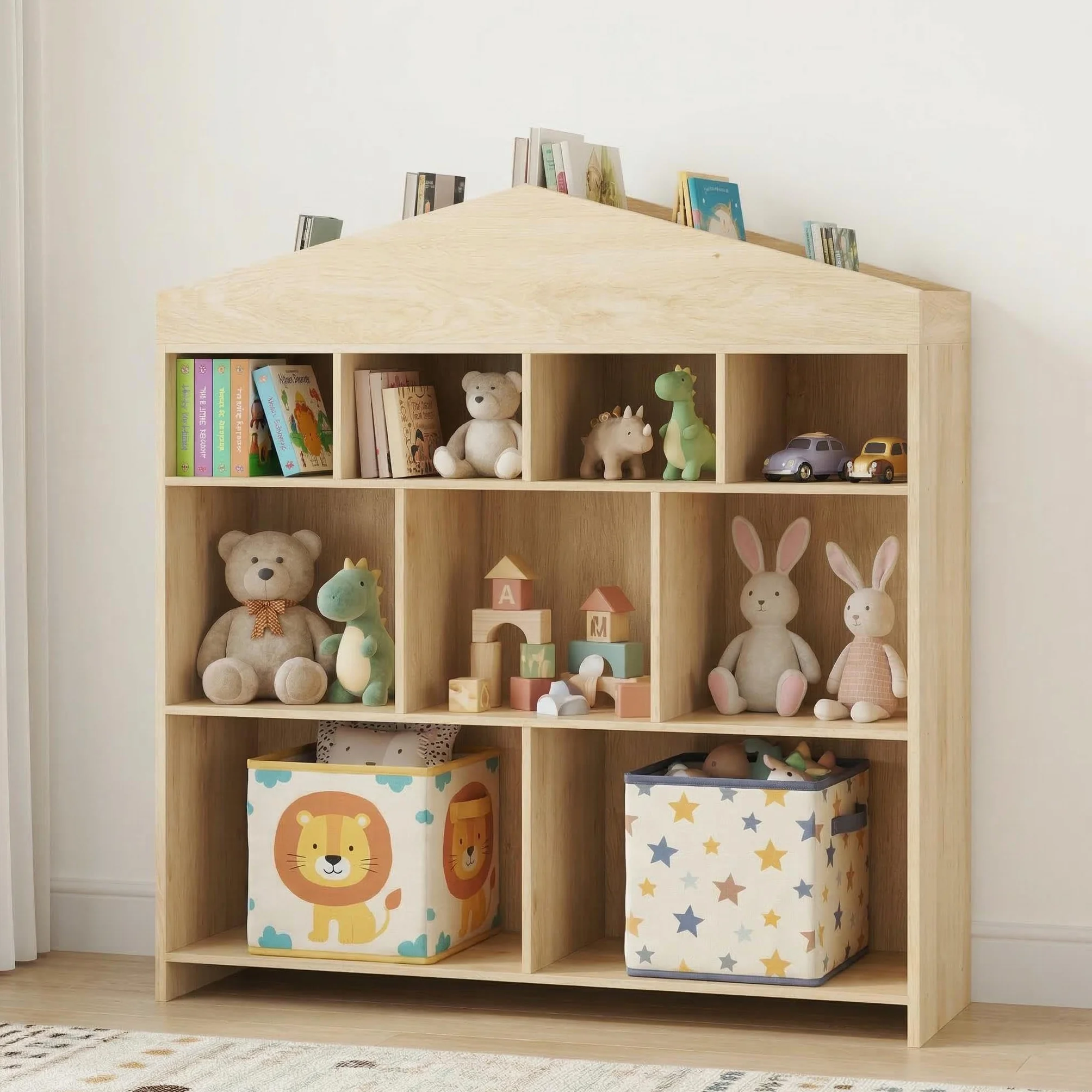 Estantería Infantil En Forma De Casa, Librero Organizador De Madera con 4 Niveles y 15 Compartimentos para Libros y Juguetes, Mueble con Kit Antivuelco para Dormitorio y Guardería, Madera