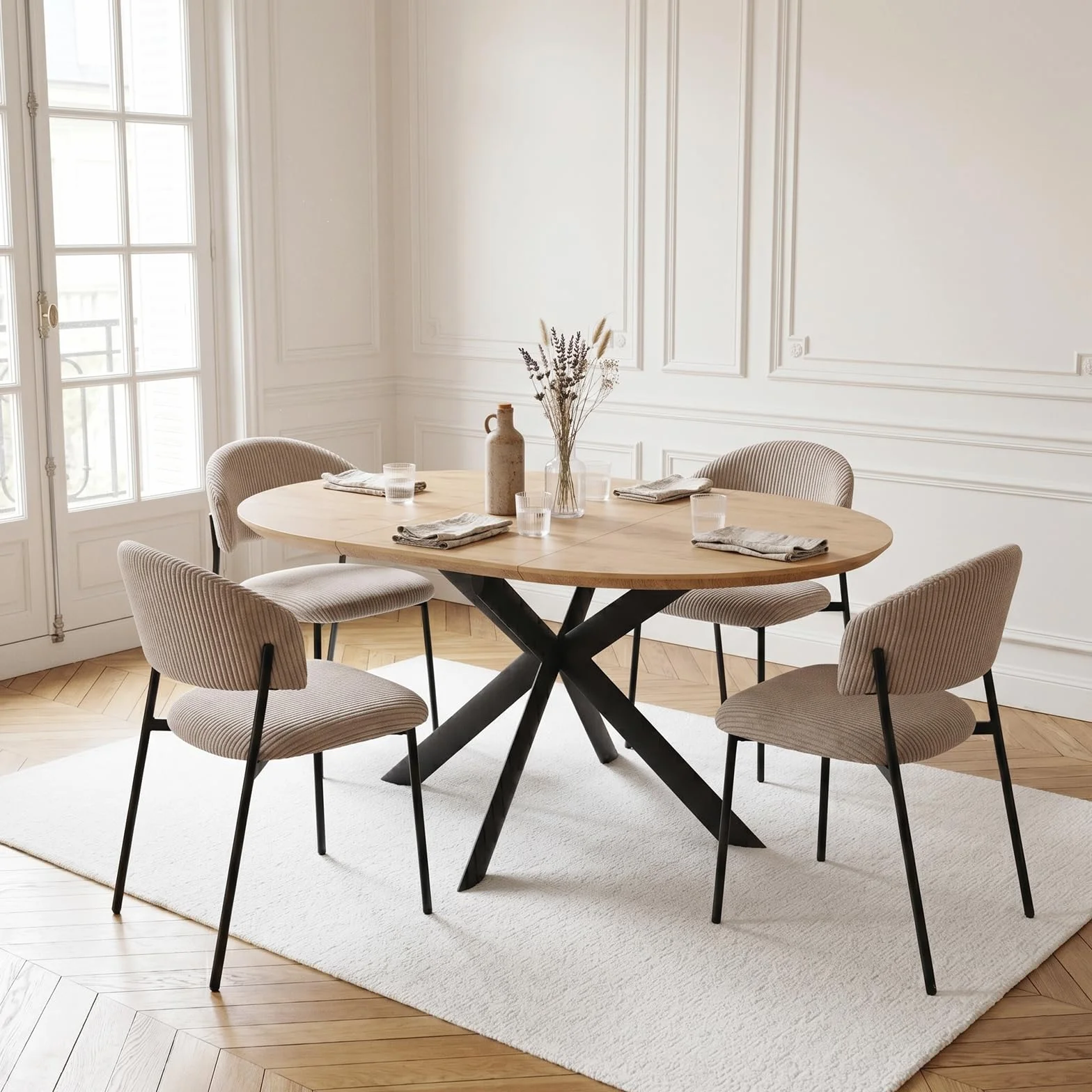 JIEXI Juego de 4 mesas de Comedor Redondas Extensibles, 110-150 cm, Acabado de Roble MDF, 4 sillas de Pana, Estilo Moderno y contemporáneo para Comedor y Cocina