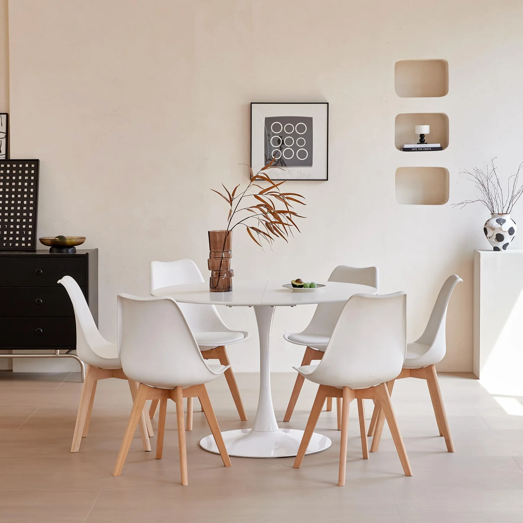 Mesa de Comedor Redonda y 6 Sillas Comedor Apto para Comedor, Cocina, Salón, Oficina, Café, 6 Sillas Blancas et Table à Manger Blanche (Diámetro: 110cm, Altura : 75cm)