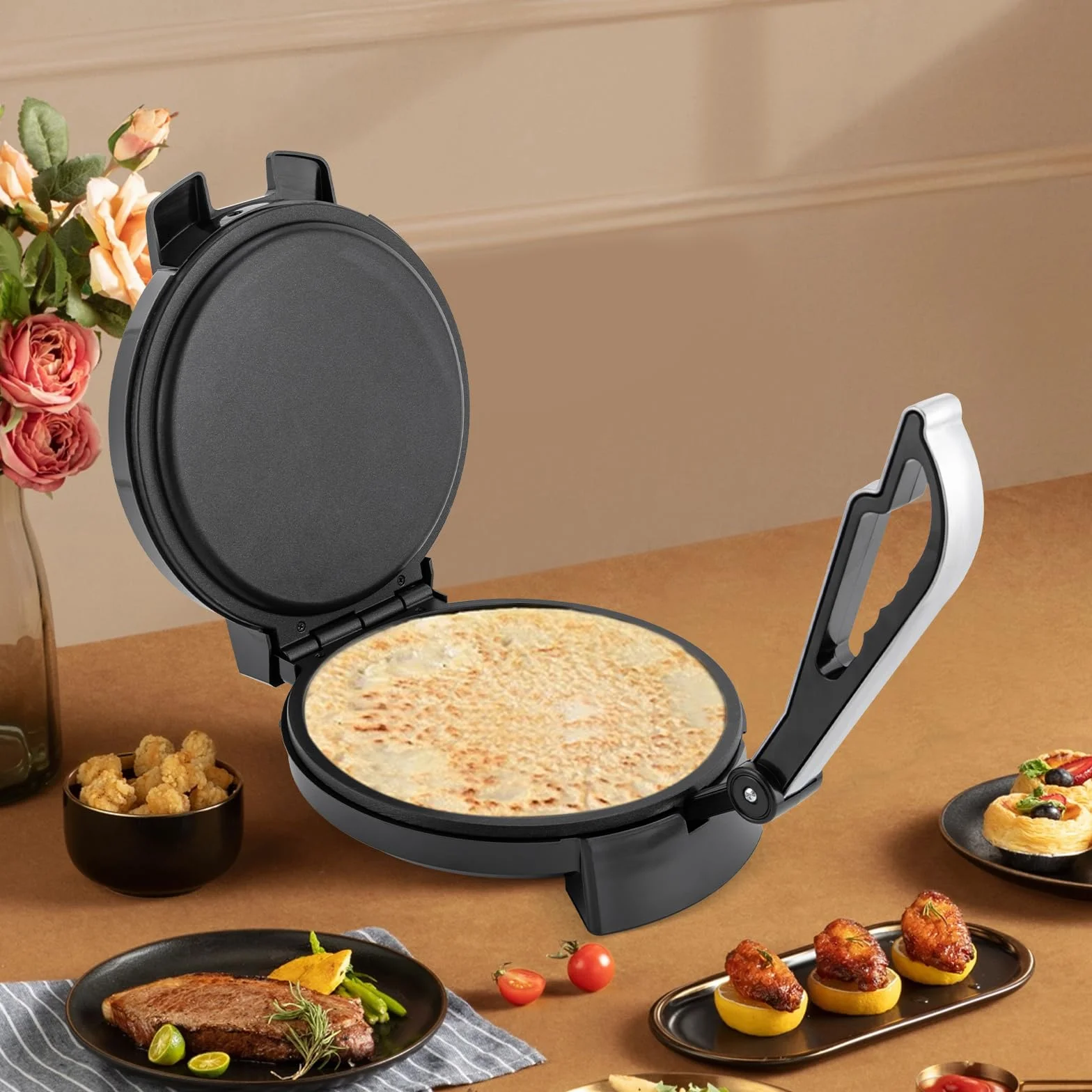 Roti Maker Tortilla Prensa Taco Prensa Tortilla Caliente Tortilla Maker para tortitas Pan Cakes Tortillas Tortilla Maker (Negro y Plata)