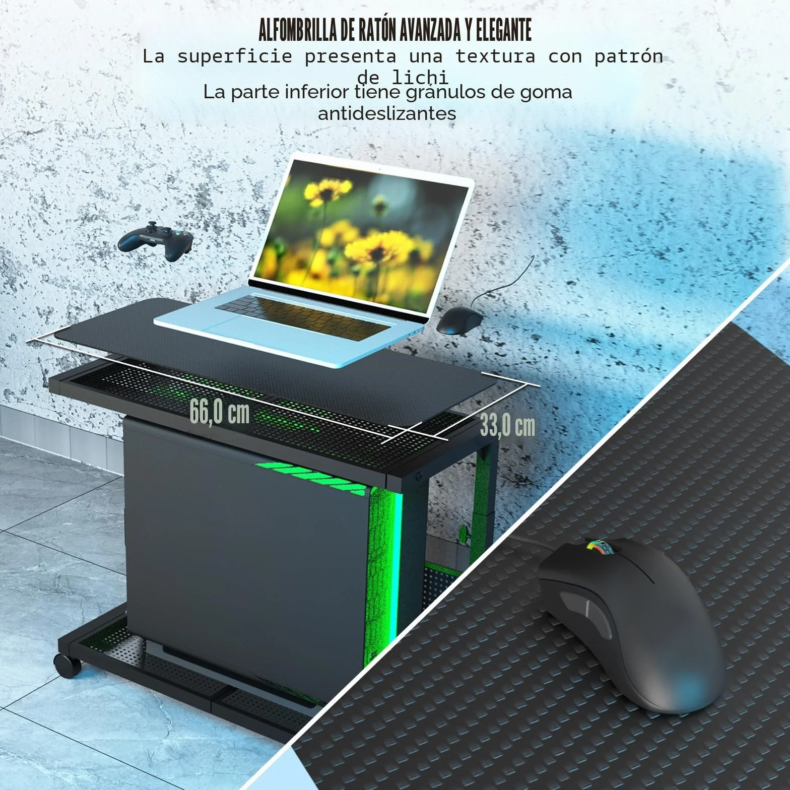 Moricher - Soporte para torre de computadora - Altura ajustable de 2 niveles ATX-Case, soporte para PC, estante para impresora, tablero de clavijas con ruedas giratorias y alfombrilla de ratón para