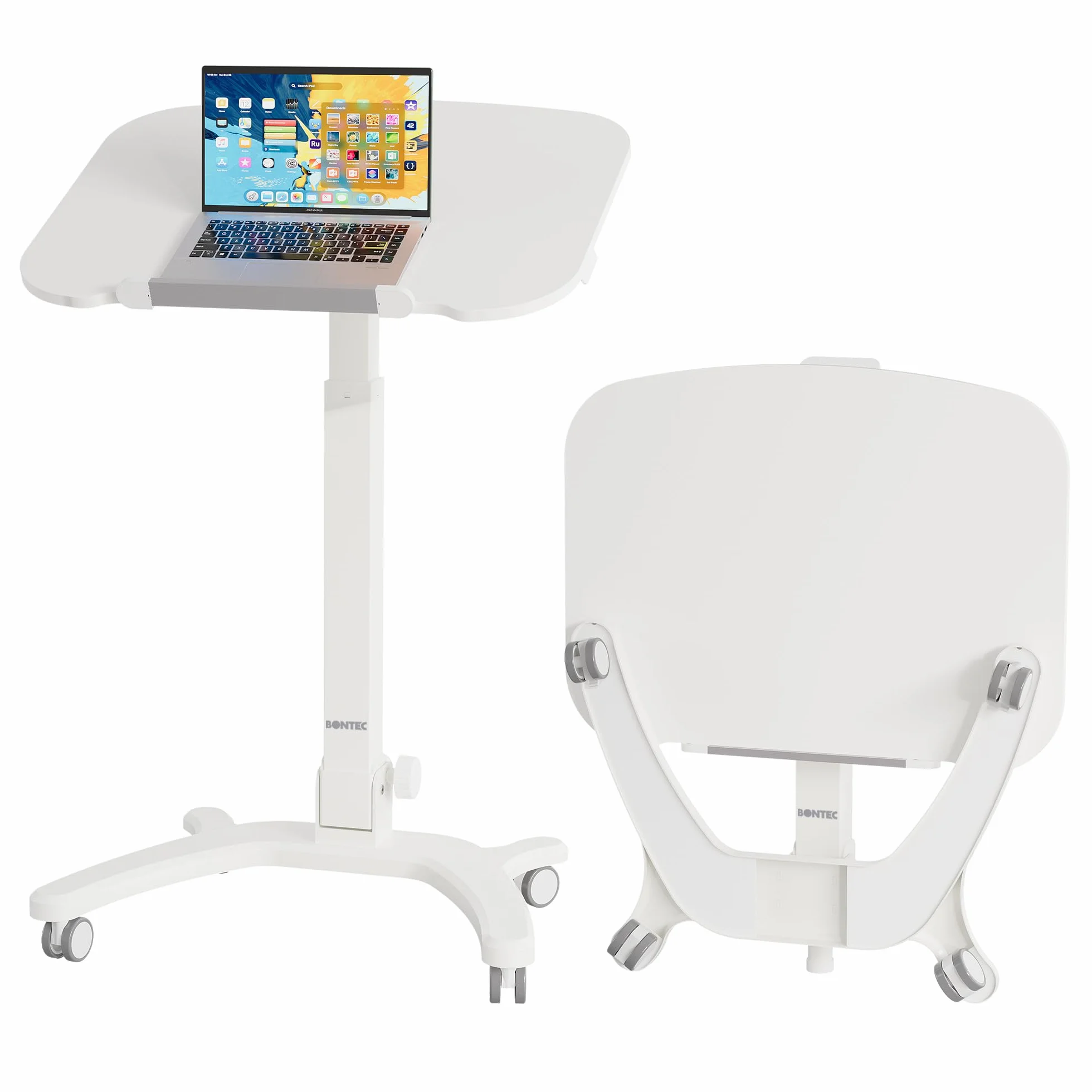 BONTEC Escritorio Plegable con Ruedas, 90° Tablero Plegable, Capacidad 12kg, Mesa Regulable en Altura, 65x50 cm, Ideal para Oficina, Dormitorio y Uso Médico, 4 Ruedas Giratorias, Blanco