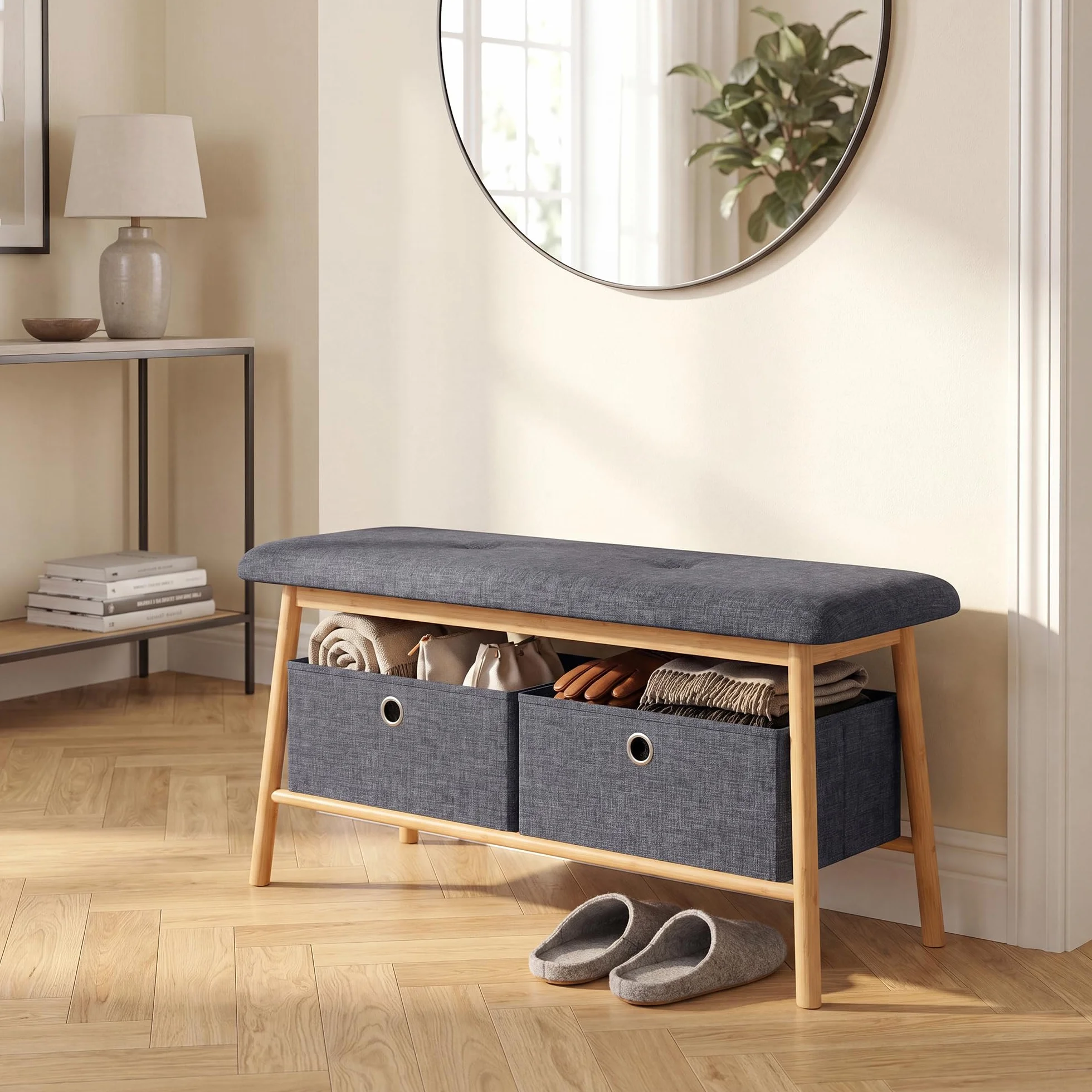 [en.casa] Banco Zapatero Vad con 2 Cajas Extraíbles para Dormitorio Vestíbulo Entrada Mueble Recibidor Asiento Tapizado Bambú Textil 90 x 30 x 45 cm - Natural