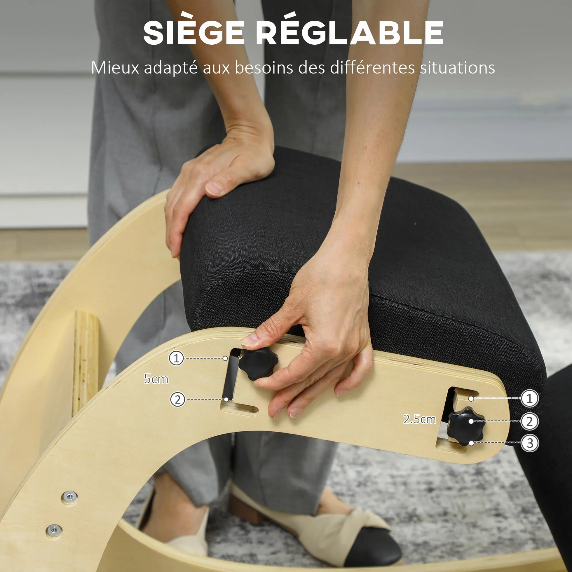 HOMCOM Asiento de Rodilla, Asiento Ergonómico de Madera basculante, Silla de Rodilla ajustable para Oficina en casa, Mejorar la Postura, Dolor de Espalda, Negro