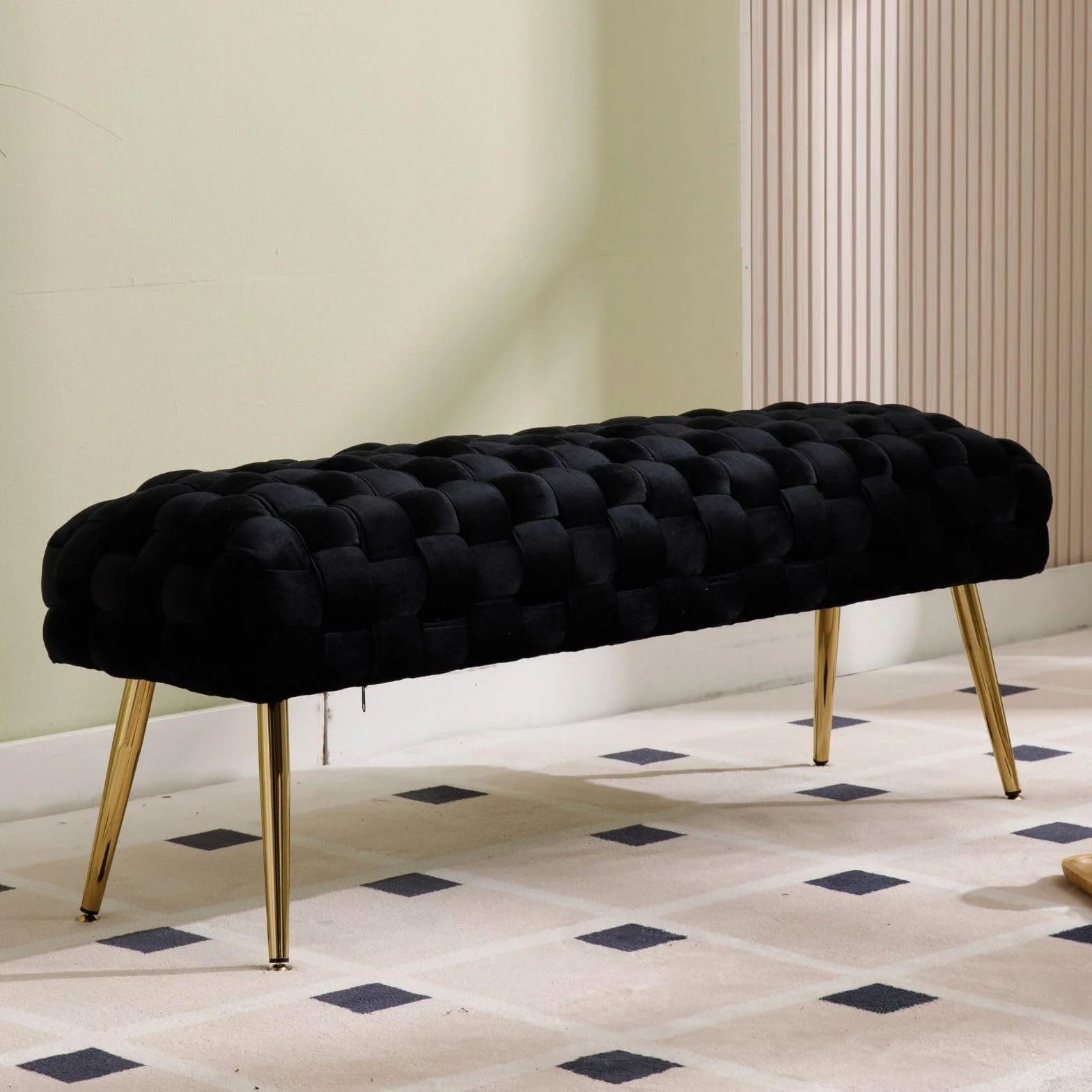 Wahson Banco Asiento de Cama de Terciopelo Banco Entrada de Recibidor con Patas Doradas,Banco Otomano Pie de Cama Moderno Banco Vestidor Elegante para Dormitorio/Salón,Negro