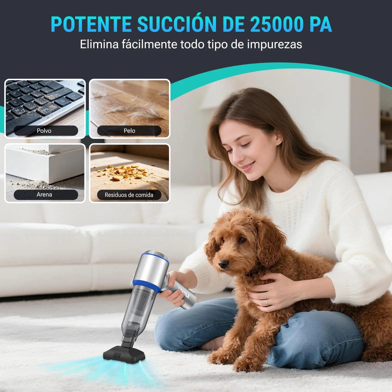 Yomile Aspirador de Mano 25000Pa 120W Recargable sin Escobillas 210.000 RPM sin Cable para Coche