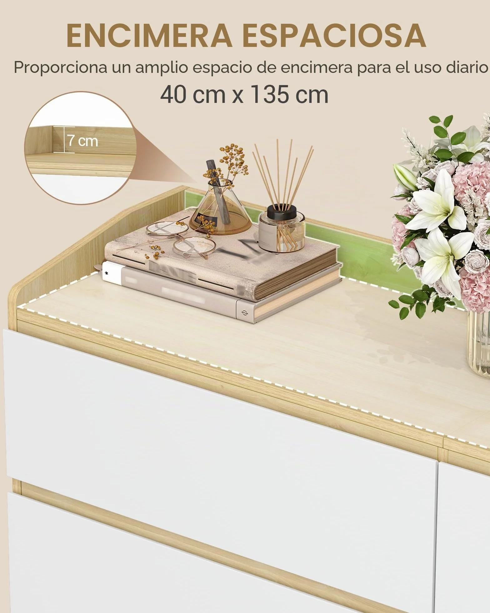 Hzuaneri Cómoda, Cajonera Dormitorio de 6 Cajones, Armario Auxiliar con Superficie de Trabajo, Estilo Moderno, para Salón, Dormitorio, Pasillo, 40 x 138 x 84 cm, Blanco-Roble DC32631X