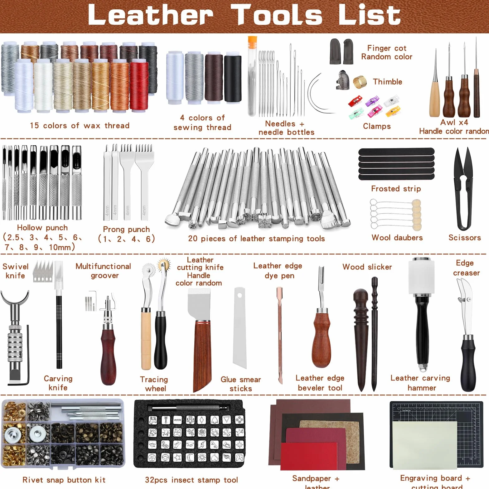 TLKKUE Kit de herramientas de cuero, herramientas de artesanía de cuero, kit de trabajo de cuero con alfombrillas de corte de bolso personalizadas, grabado, perforación, costura, estampado,