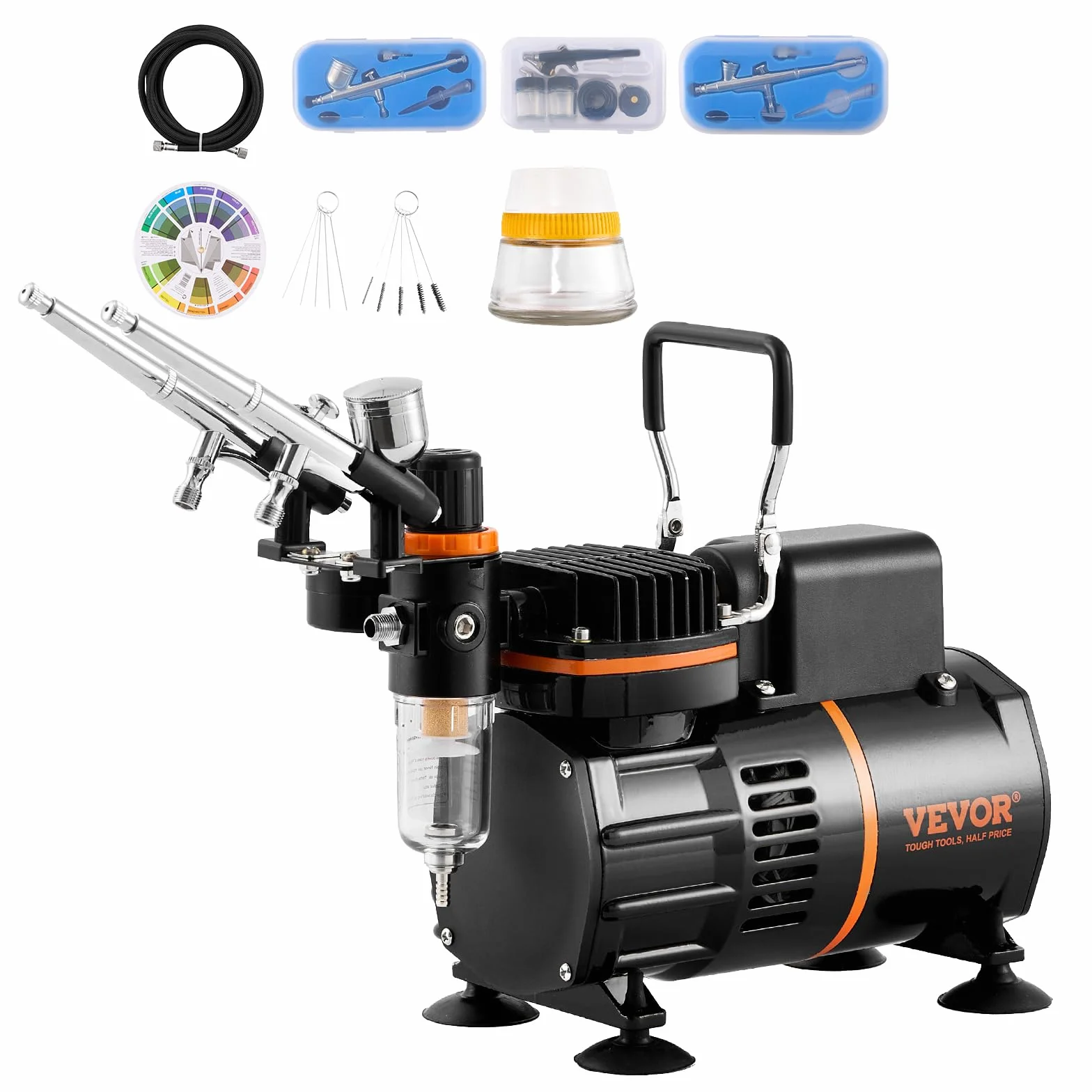 VEVOR Kit de Aerógrafo Compresor de Aire de Doble Ventilador Sistema de Aerógrafo Profesional con 3 Pistolas Soporte Rueda de Mezcla de Colores para Decoración de Uñas, Cocina, Maquillaje