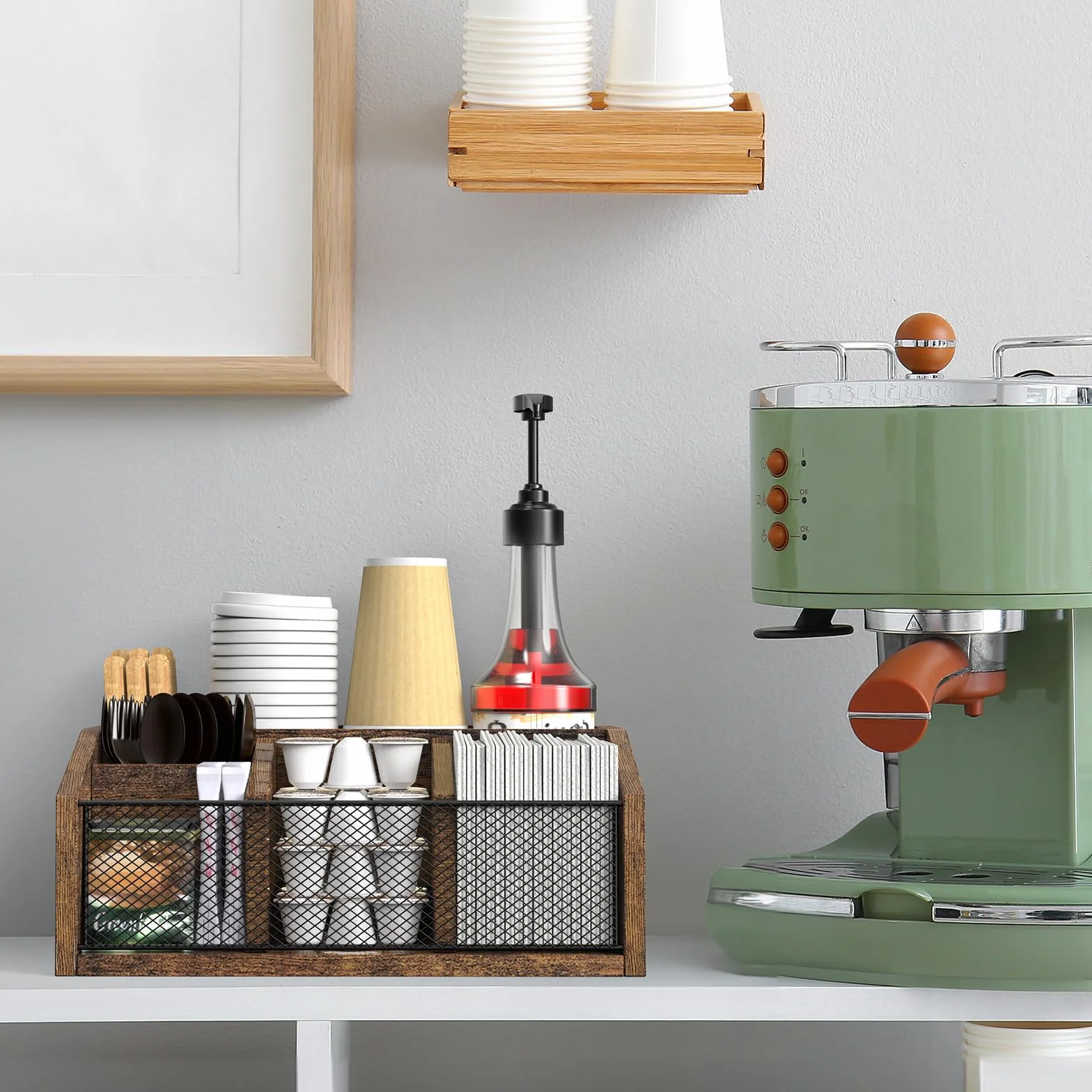 Organizador de Madera para Cafetería 5 Compartimentos con Divisores