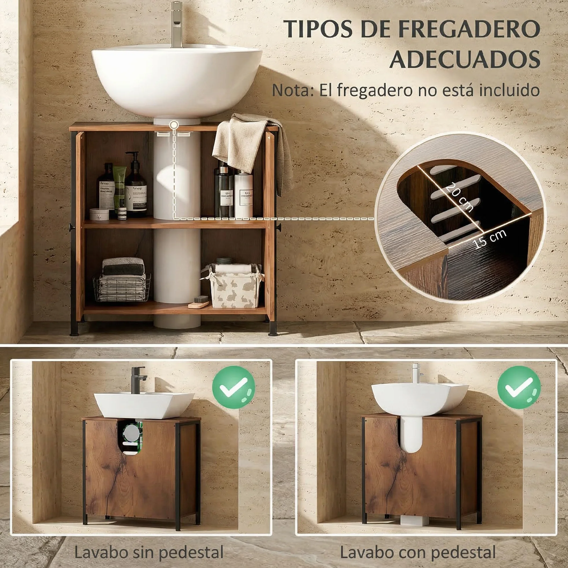 HOMCOM Mueble Bajo Lavabo Industrial con 2 Puertas de Lamas y Cierre Magnético, Estante Regulable, para Lavabos sin Pedestal, Mueble de Baño 60x30x60 cm Marrón Rústico