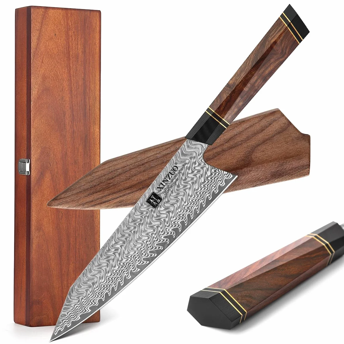 XINZUO 21.5cm Cuchillo de Chef Acero de Damasco, Cuchillo de Cocina Kiritsuke Forjado a Mano Profesional Cuchillo Gyuto-Mango de Desert Ironwood -Vaina de Madera y Caja de Madera de Acacia