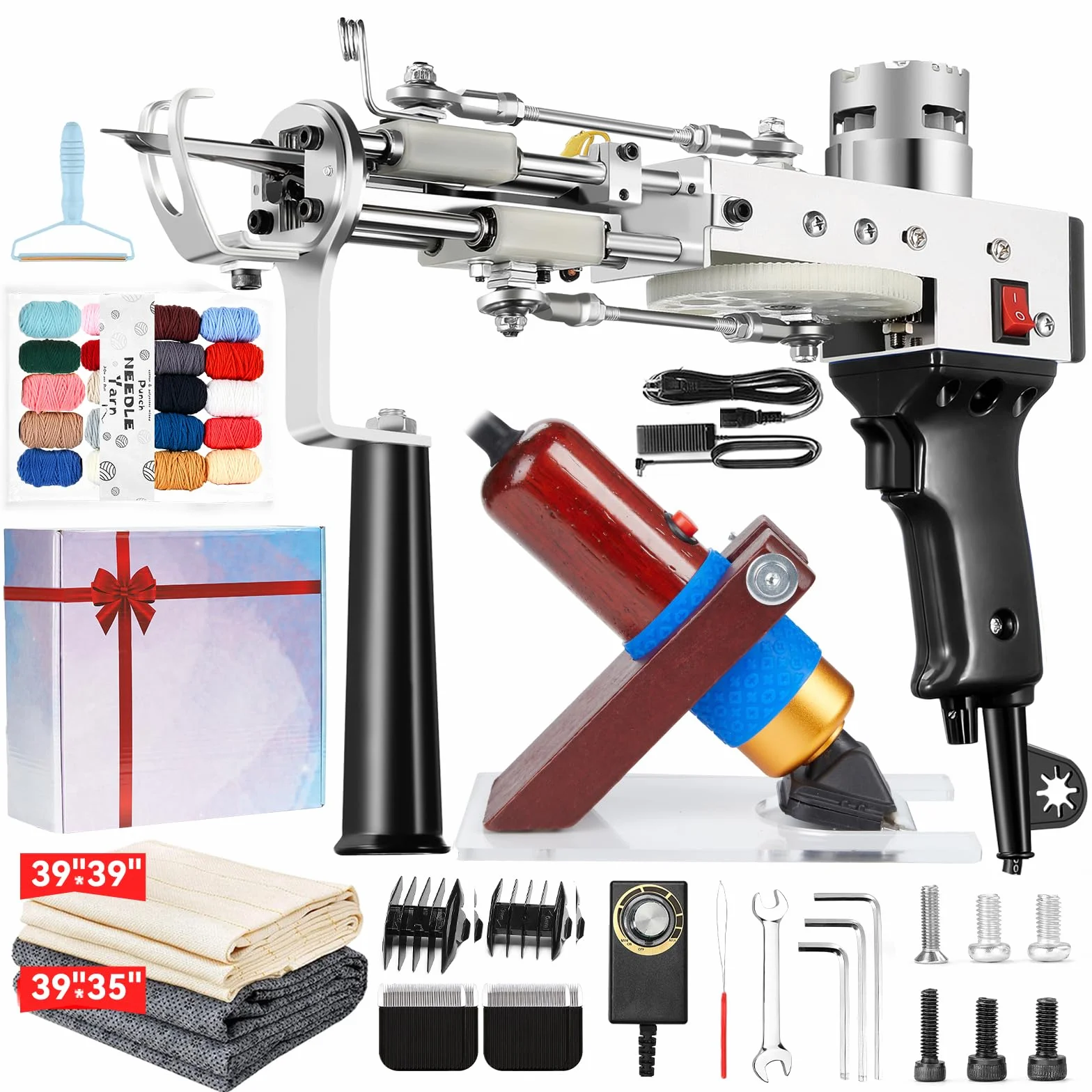 Riiai Tufting Gun Kit de inicio de pistola de mechones, pistola de mechones con kit de fabricación de alfombras para recortadora de alfombras, pila de bucle cortada con pistola de alfombras