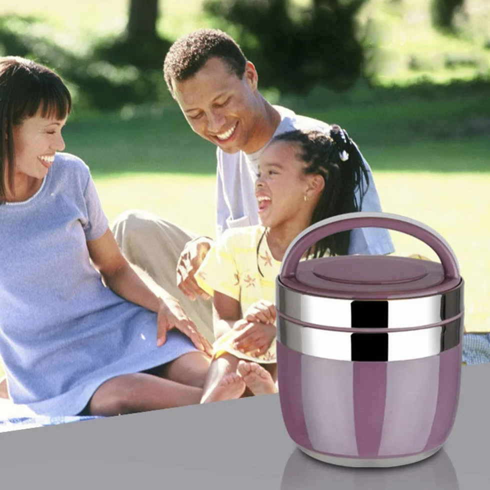 PLMKO Recipiente térmico para alimentos, recipiente térmico de acero inoxidable, fiambrera con asa, 2 capas, calidad alimentaria, fiambrera de gran capacidad (lila 1 2 L)