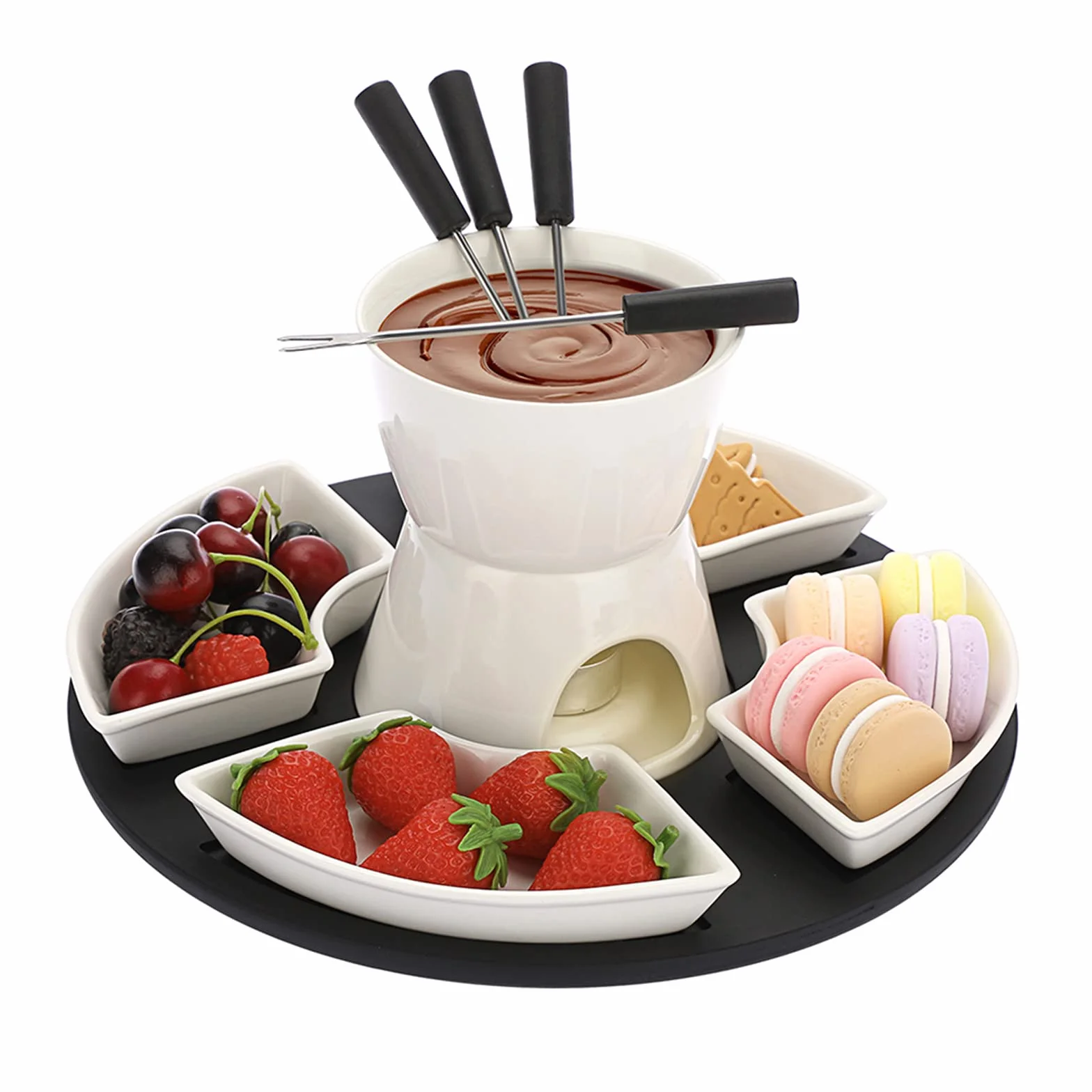 Fondue de Chocolate 300ml Cerámica Blanca Juego de Fundidor de Queso Cuadrado 11 Piezas con 4 Tenedores y Platos de Madera