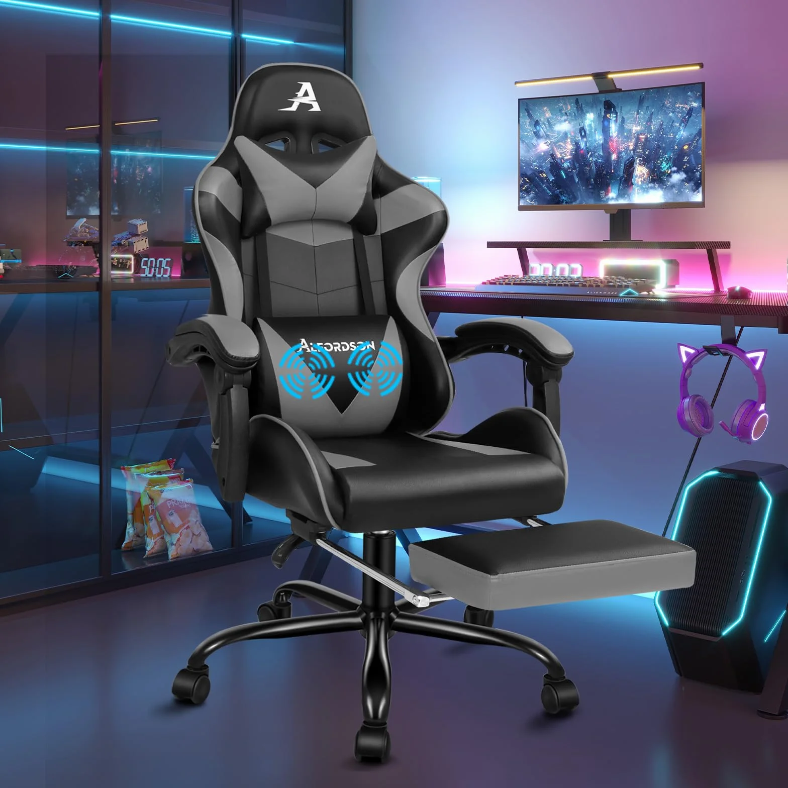 ALFORDSON Silla Gaming Escritorio con Masajeador, Silla Gamer Ergonómica Cojín Lumbar y Cervical, Reposapiés Retráctil, Ruedas Giratorias 360°, para Oficina, Videojuego, Ordenador, Cuero PU(Gris)