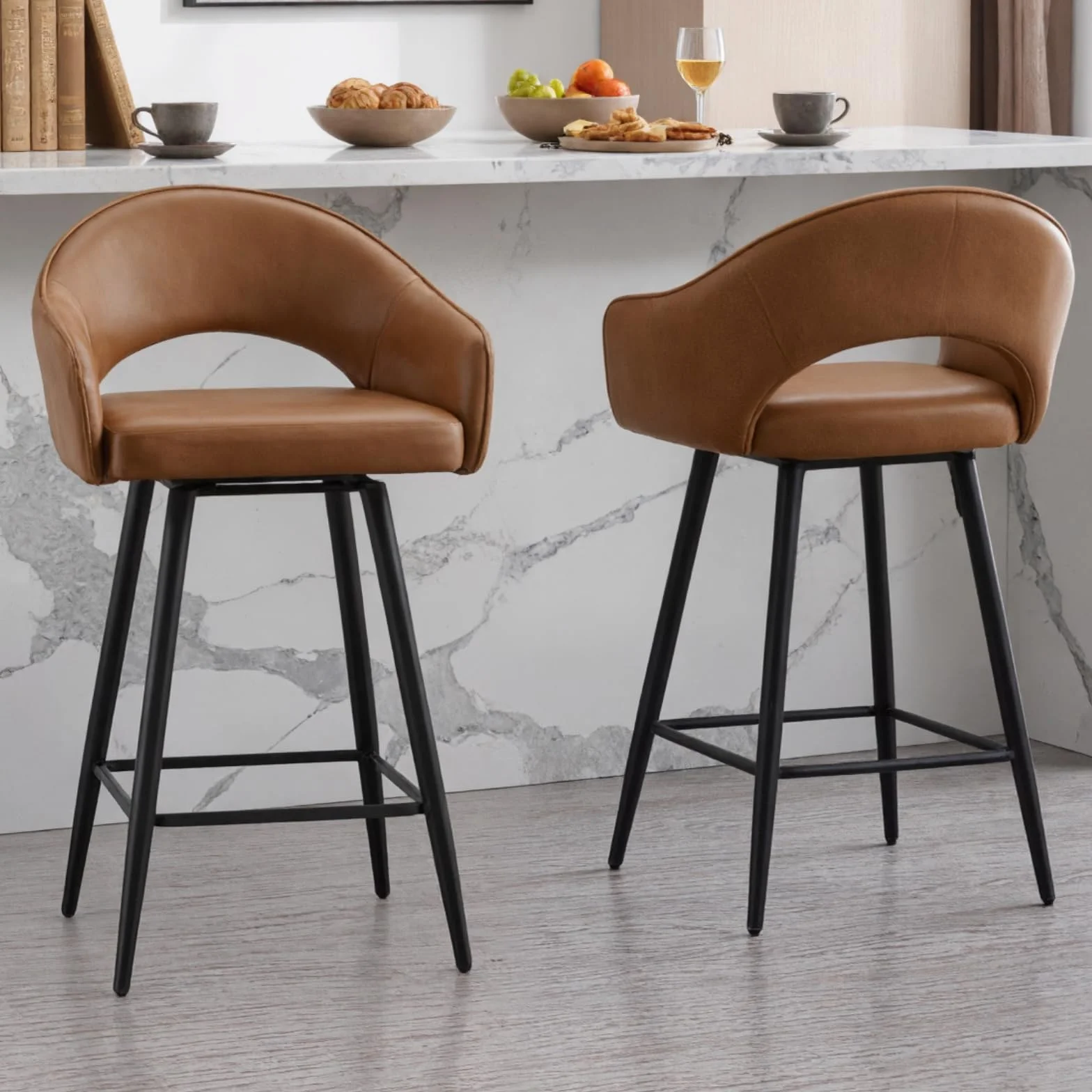 chairus 2PCS Taburetes Altos Giratorio de Cuero PU, Marrón | Patas Metálicas, Cojín Grueso, Con Respaldo y Brazos