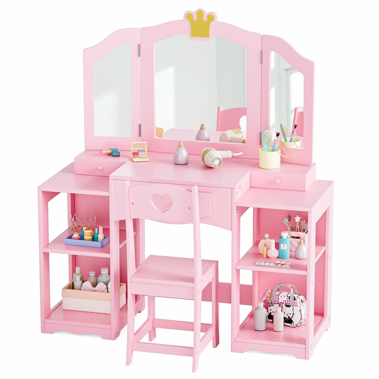 Bonnlo Tocador Infantil con Espejo de Tres Paneles y Taburete, Mesa de Maquillaje de Madera con Diseño de Corona, Rosa, Grande