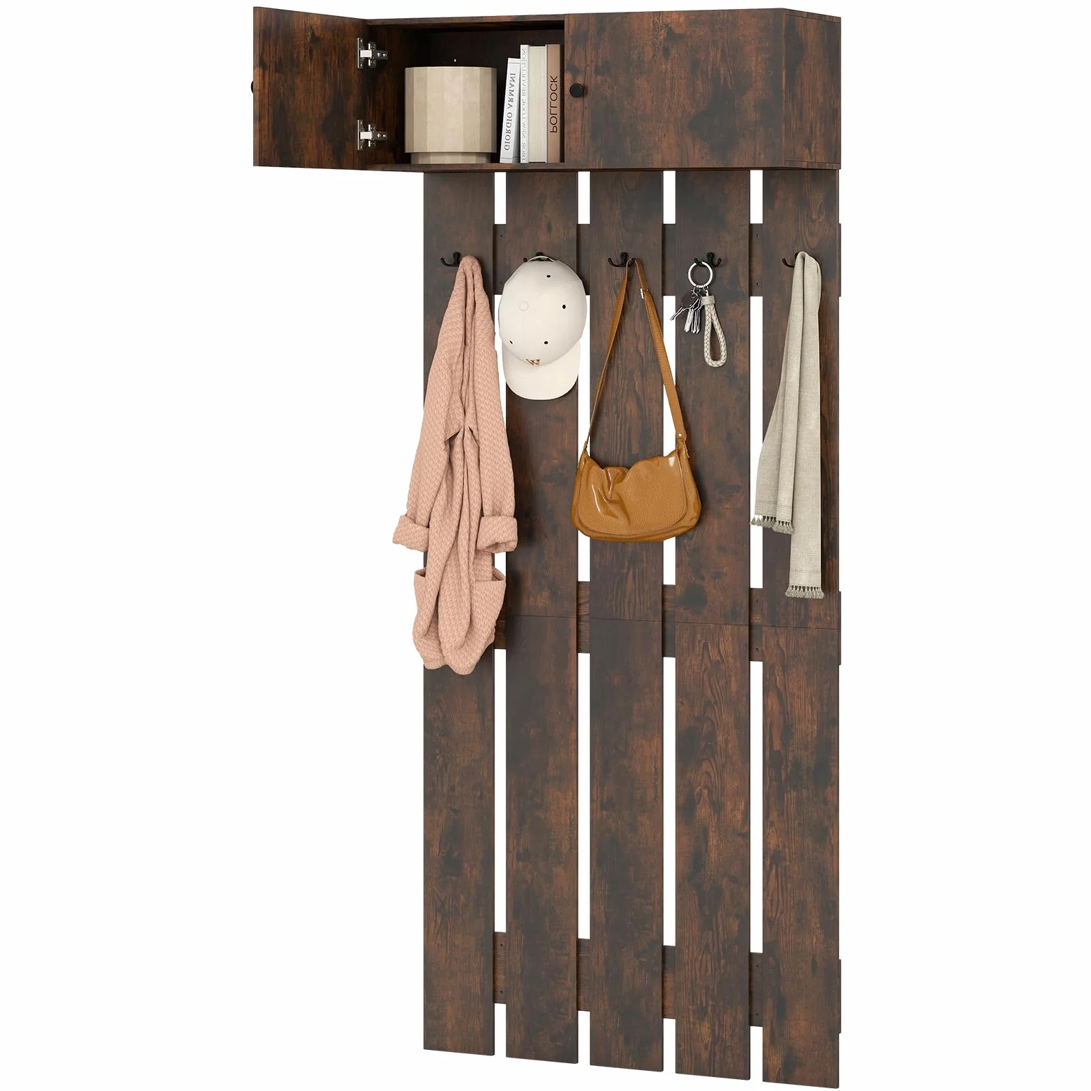 HOMASIS Recibidor Perchero de Pared, Mueble de Entrada con 5 Ganchos, Armario para Ropa con 2 Puertas, Organizador de Almacenaje para Habitación, Pasillo, 90x33x210cm (Café)