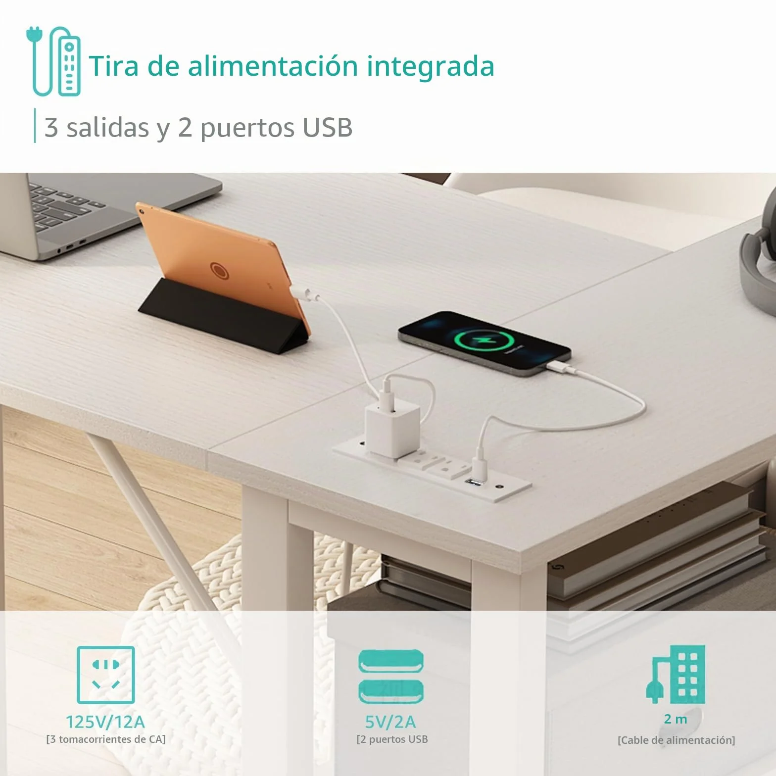 Lufeiya Mesa Escritorio Blanco con Cajones y Enchufes,Escritorio Esquinero con 4 Cajones 120CM Escritorio en l L para Oficina Juveniles Estudio（Enchufes Europea