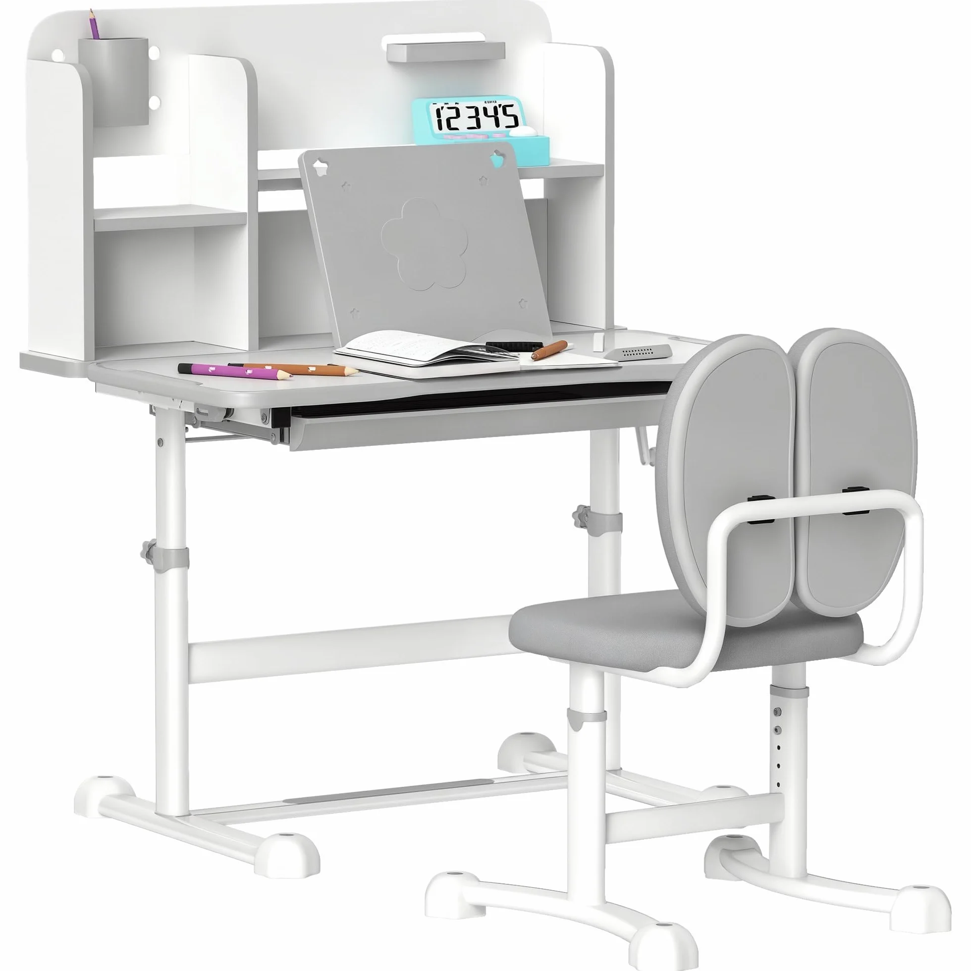 AIYAPLAY Pupitre Infantil Altura Ajustable con Tablero Inclinable, Cajón y Estantes, 80x55x107,5 cm, Gris