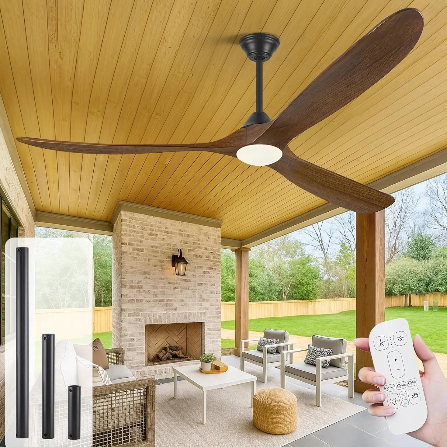 Ventilador de techo de madera de 152cm con luz, ventilador de techo de granja con motor CC reversible silencioso, ventilador de techo rústico de para exteriores para patios, pabellón, porche, cenador