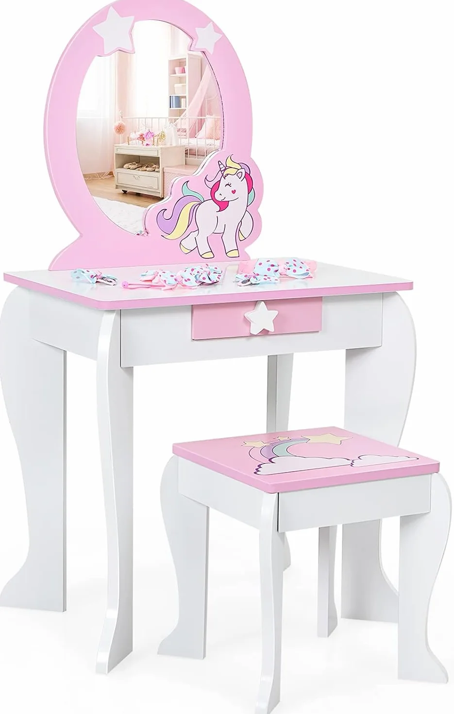 FANTASK Tocador Infantil con cajón y Espejo extraíble, tocador de Princesa con Taburete, tocador Rosa y Blanco para niñas de 3 a 7 años