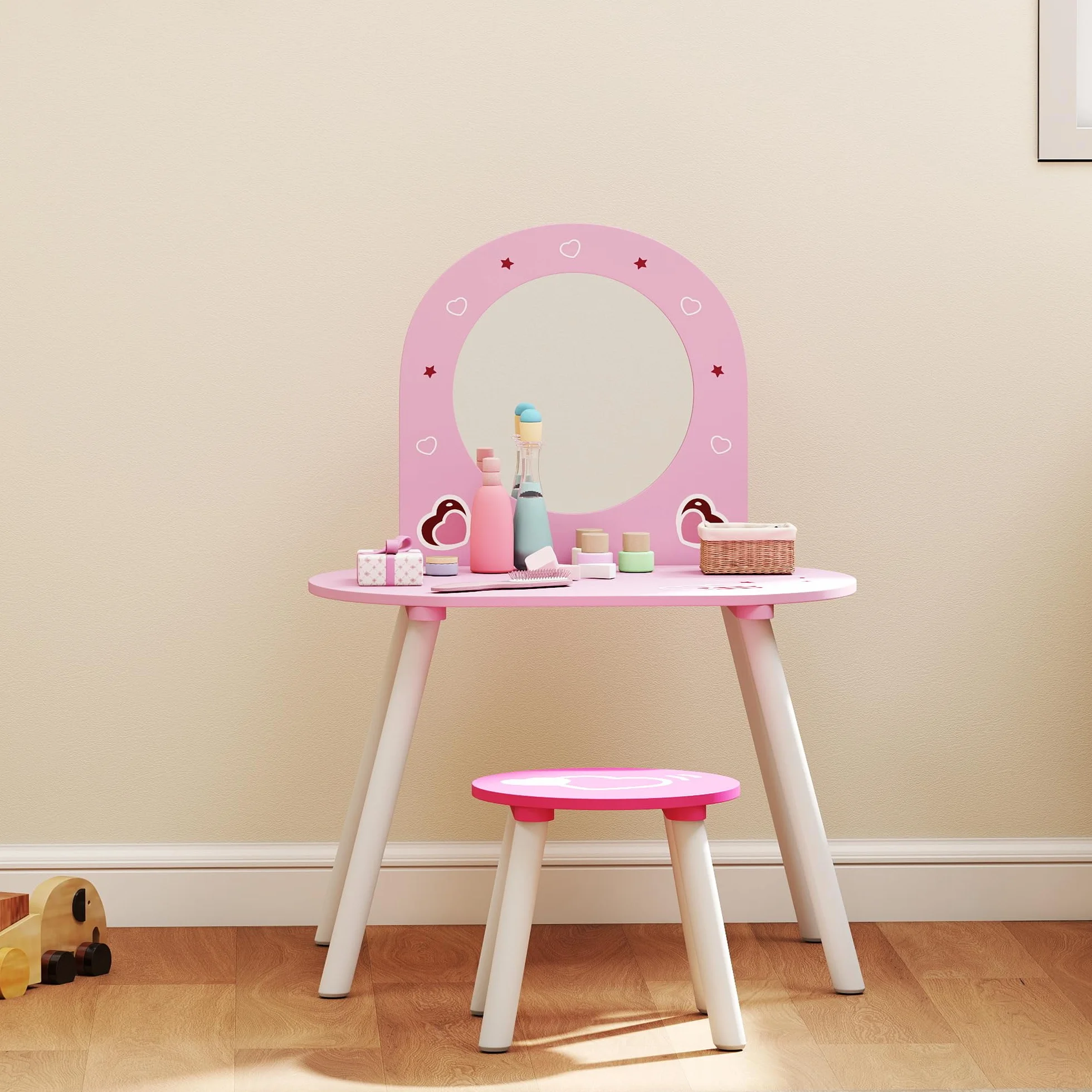 AIYAPLAY Tocador Infantil con Taburete y Espejo, Mesa de Maquillaje para Niñas 3-6 Años, Rosa
