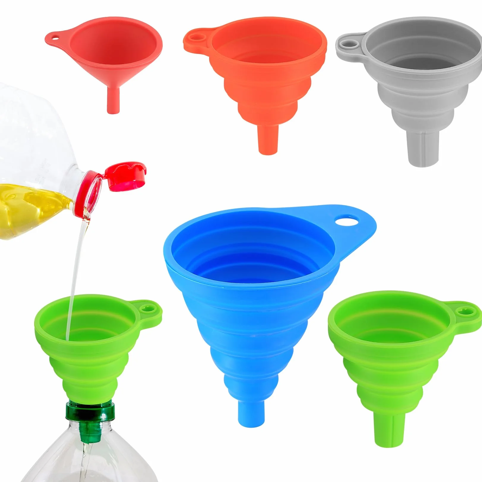 Embudo Plegable de Silicona 5 Piezas para Cocina, Transferencia de Líquidos - Pequeño/Mediano/Grande, 5 Colores