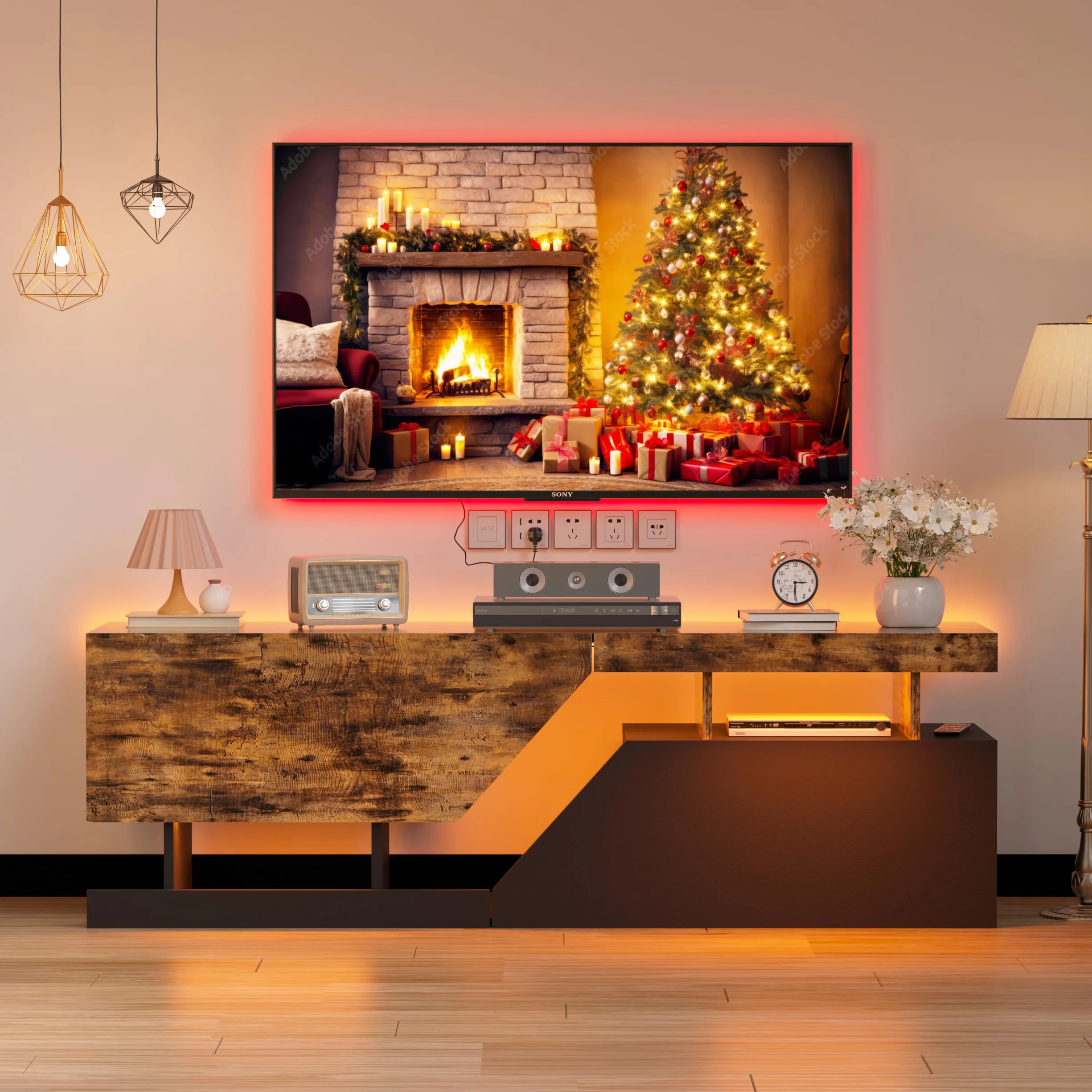 MSFE Mueble bajo para TV 140CM Mesa de TV con iluminación LED 2 Puertas/Puertas Apertura sin Asas Aparador para TV de hasta 65 Pulgadas Mueble bajo para la Televisión Armario bajo de TV para Salón