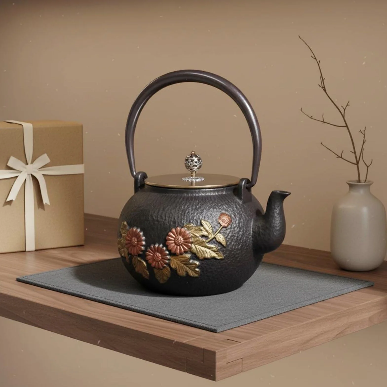 Tetera de Hierro Fundido Japonesa Tetera Hervidor Caldera Artesanal con Patrones en Relieve y Tapa de Cobre Aporta Hierro Beneficioso y del Té, 1.2 Flor De Peonía