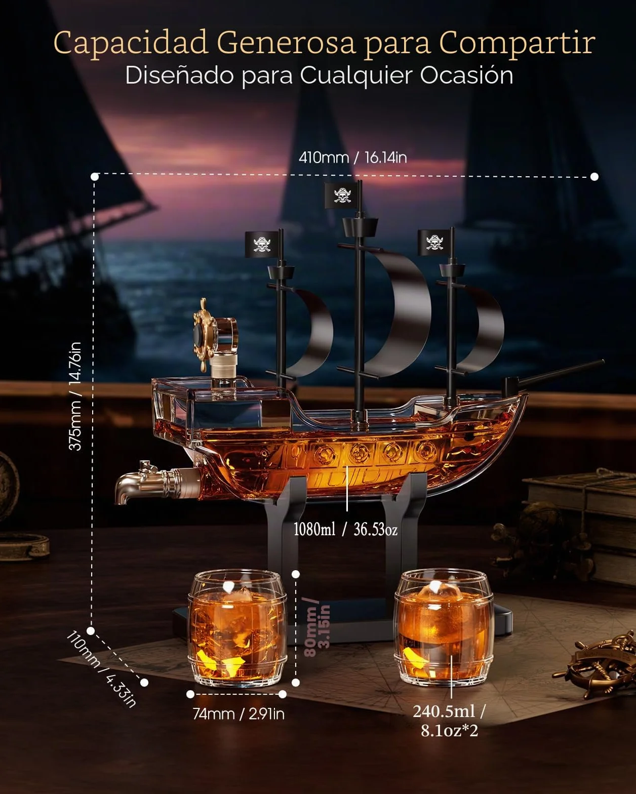 Kollea Regalos de cumpleaños para hombres papá, decantador de whisky con barco pirata, juego de 2 vasos, dispensador de licores para el bar en casa, ideas de regalo divertidas para él, novio
