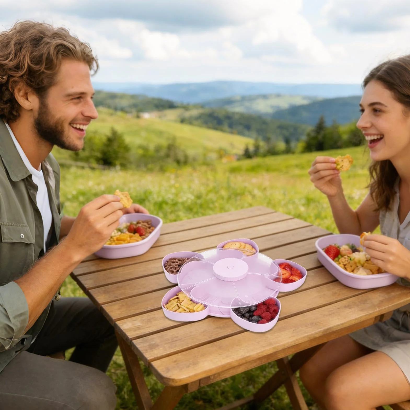 Contenedor De Aperitivos Giratorio Con Tapa Para Servir Ensalada De | Organizador De Snacks Con Compartimentos para Hogar Apartamento Comedor Salón Picnic Jardín Barbacoa Camping