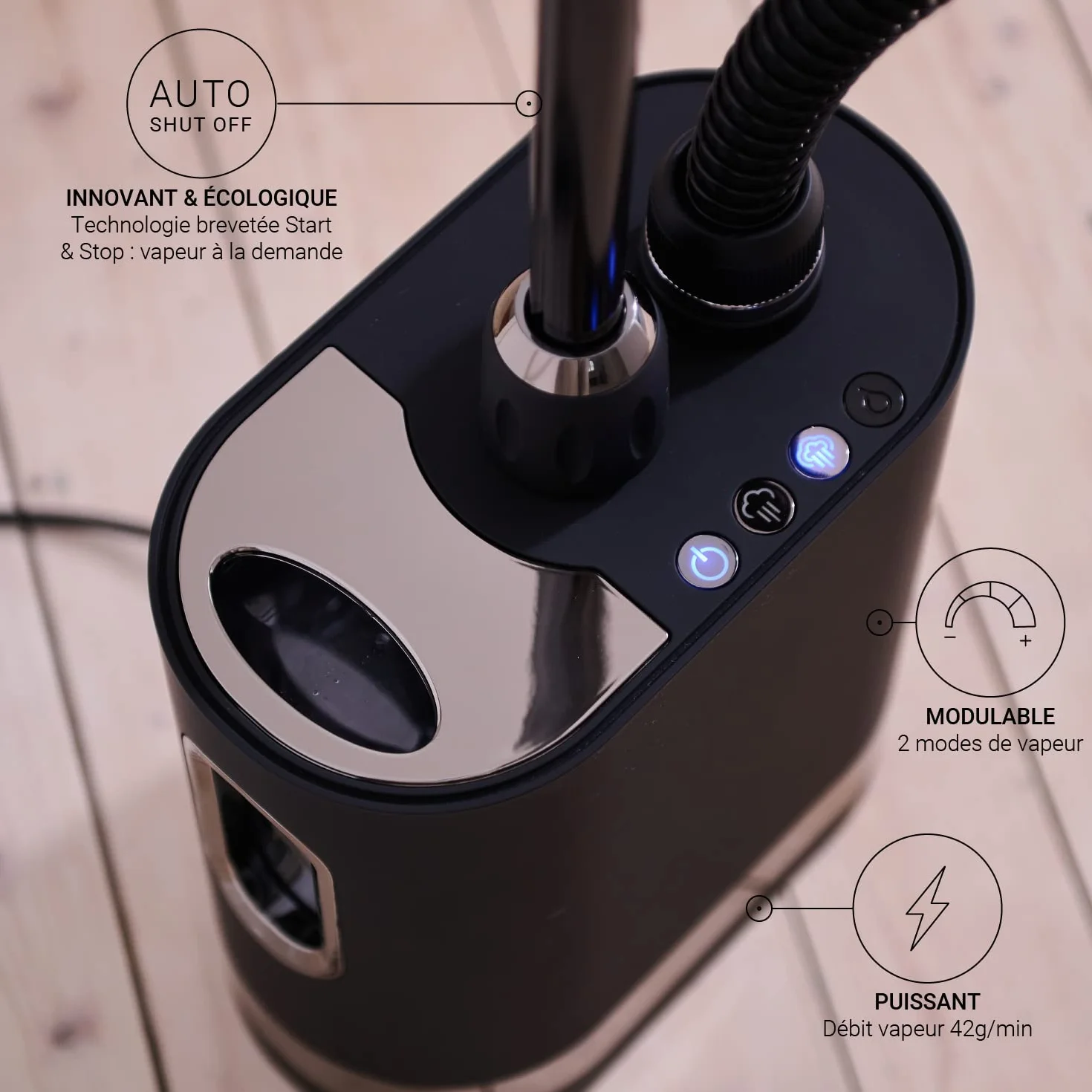 SteamOne - Plancha de vapor 2000 W, 42 g/min - Plancha vertical - 1 hora de autonomía - Lista para usar en 60 segundos - Start&Stop - Apagado automático - Sistema antical - Stilys SY70SB