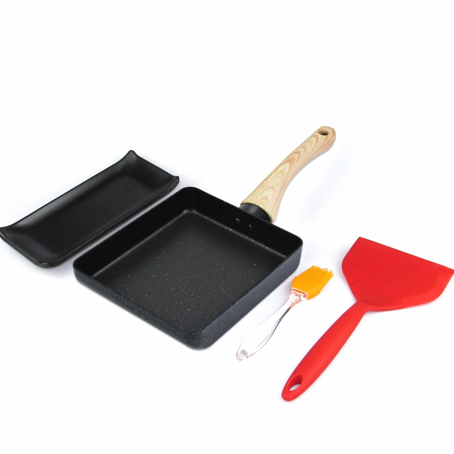 Artcome,Sartén para tortilla japonesa (antiadherente), diseño de tamagoyaki, cacerola de huevo, rectangular, con espátula y cepillo de silicona, 7x15 cm, color negro